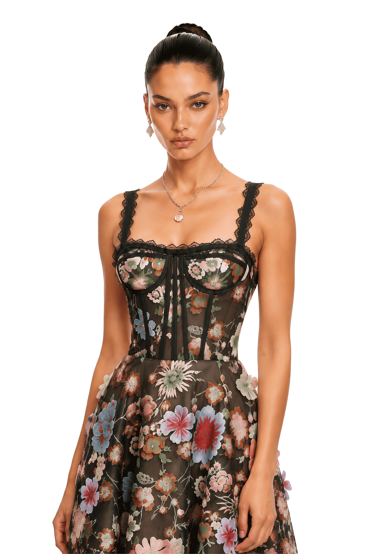 evadne black floral lace corset midi dress