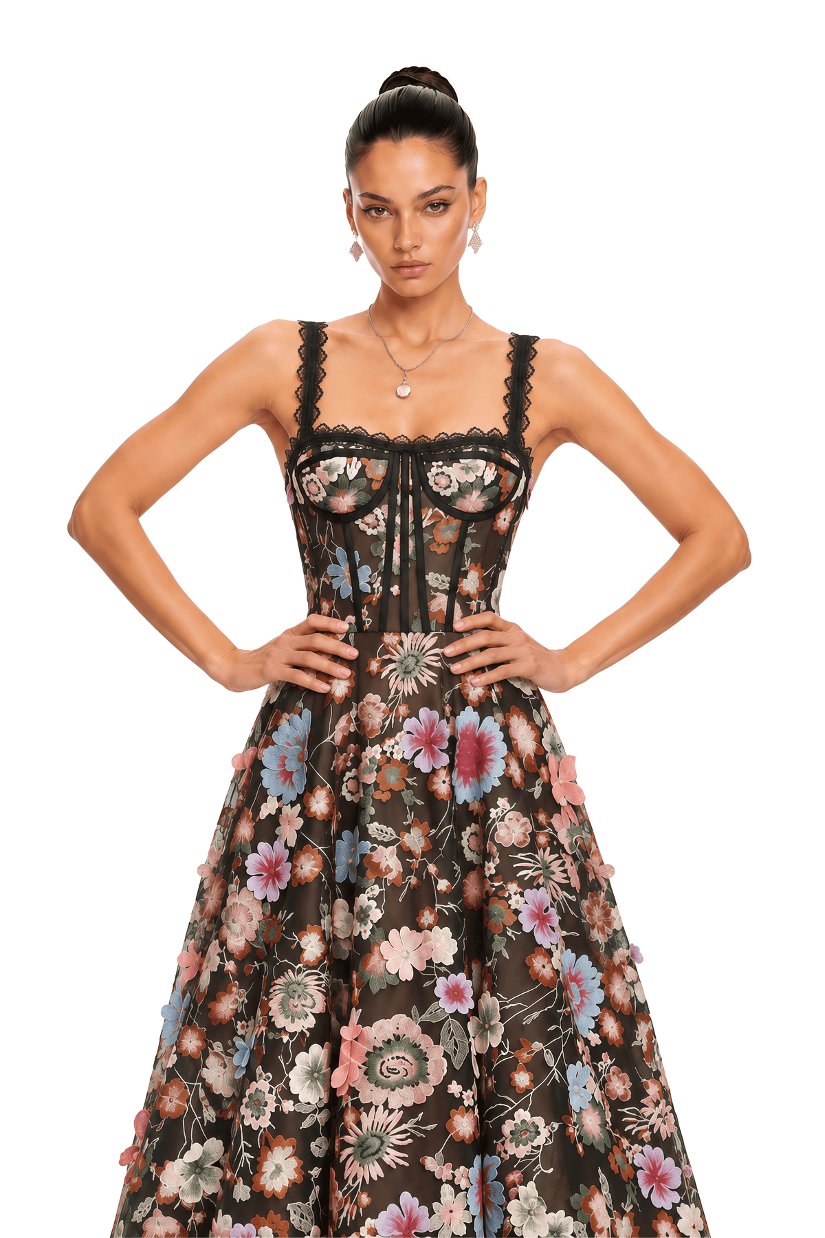 evadne black floral lace corset midi dress