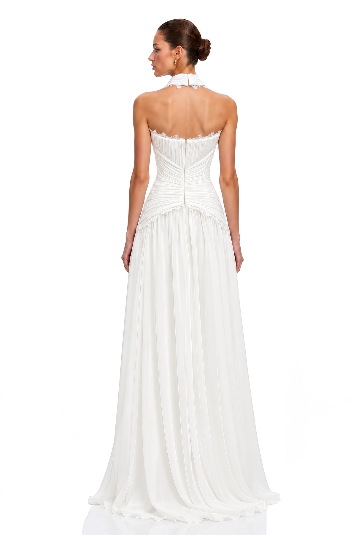 evangeline white plunging halterneck ruched maxi dress