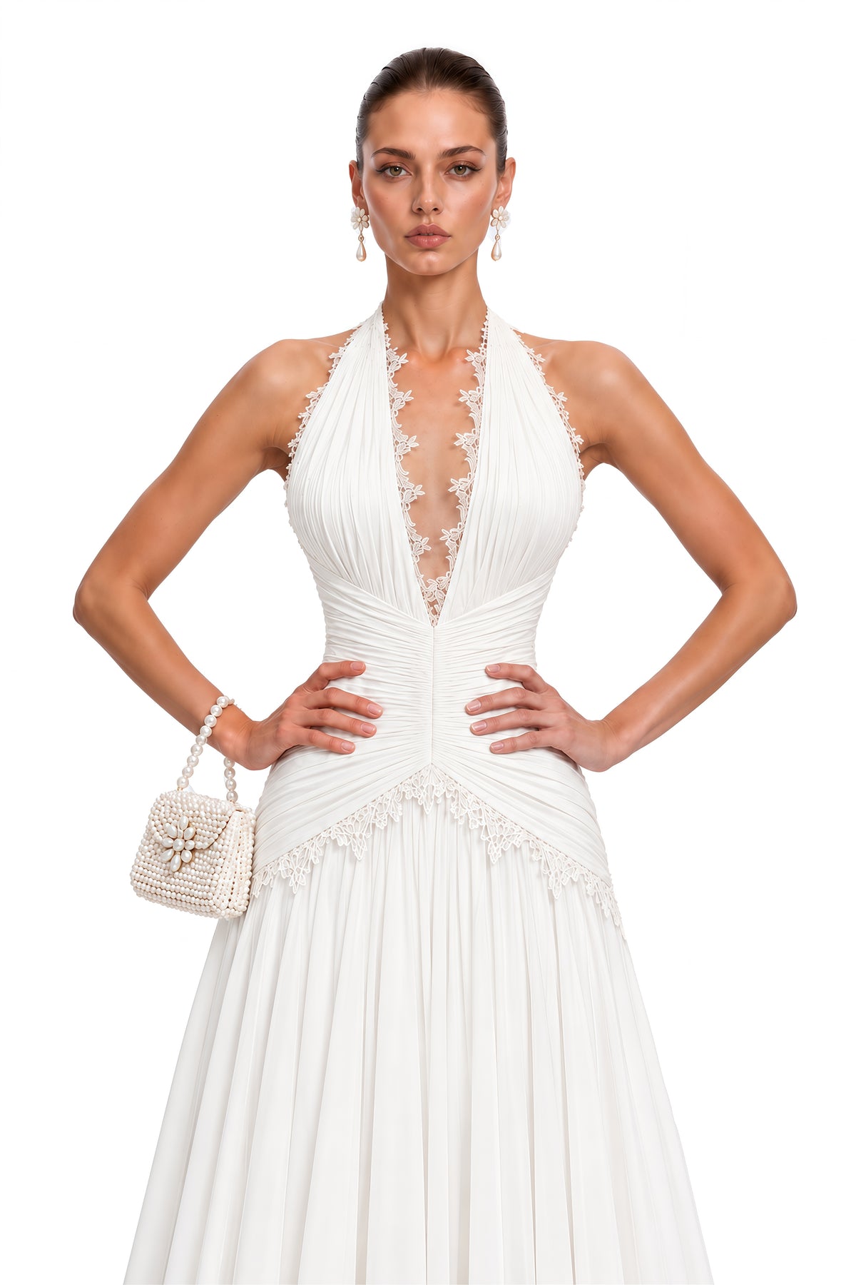 evangeline white plunging halterneck ruched maxi dress