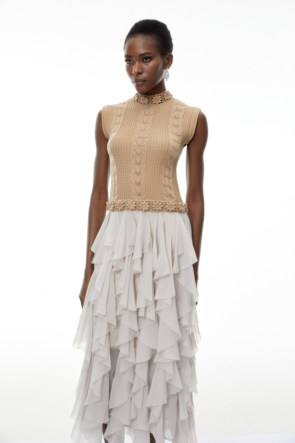 Evangeline Khaki Asymmetrical Ruffled Maxi Dress