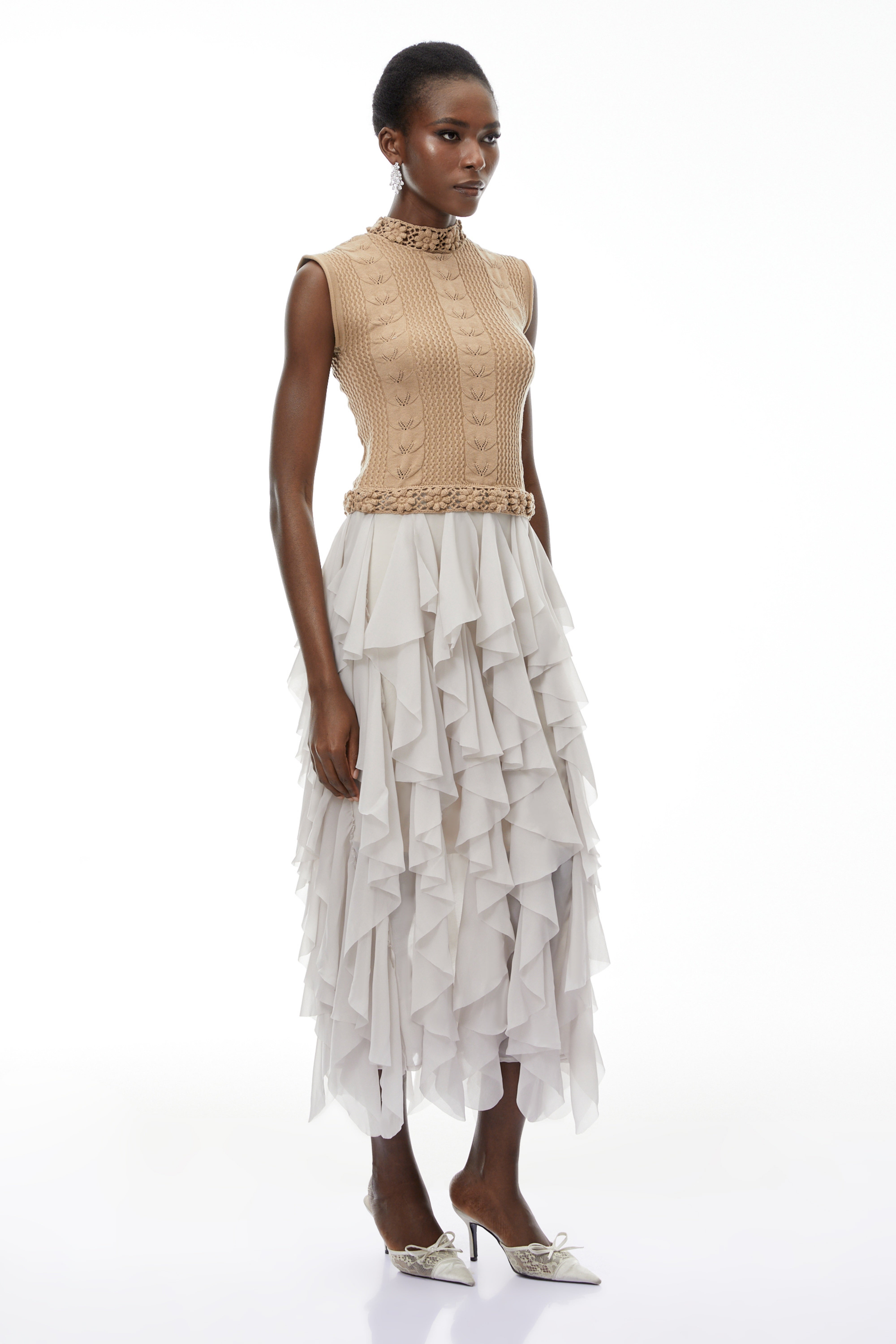 Evangeline Khaki Asymmetrical Ruffled Maxi Dress