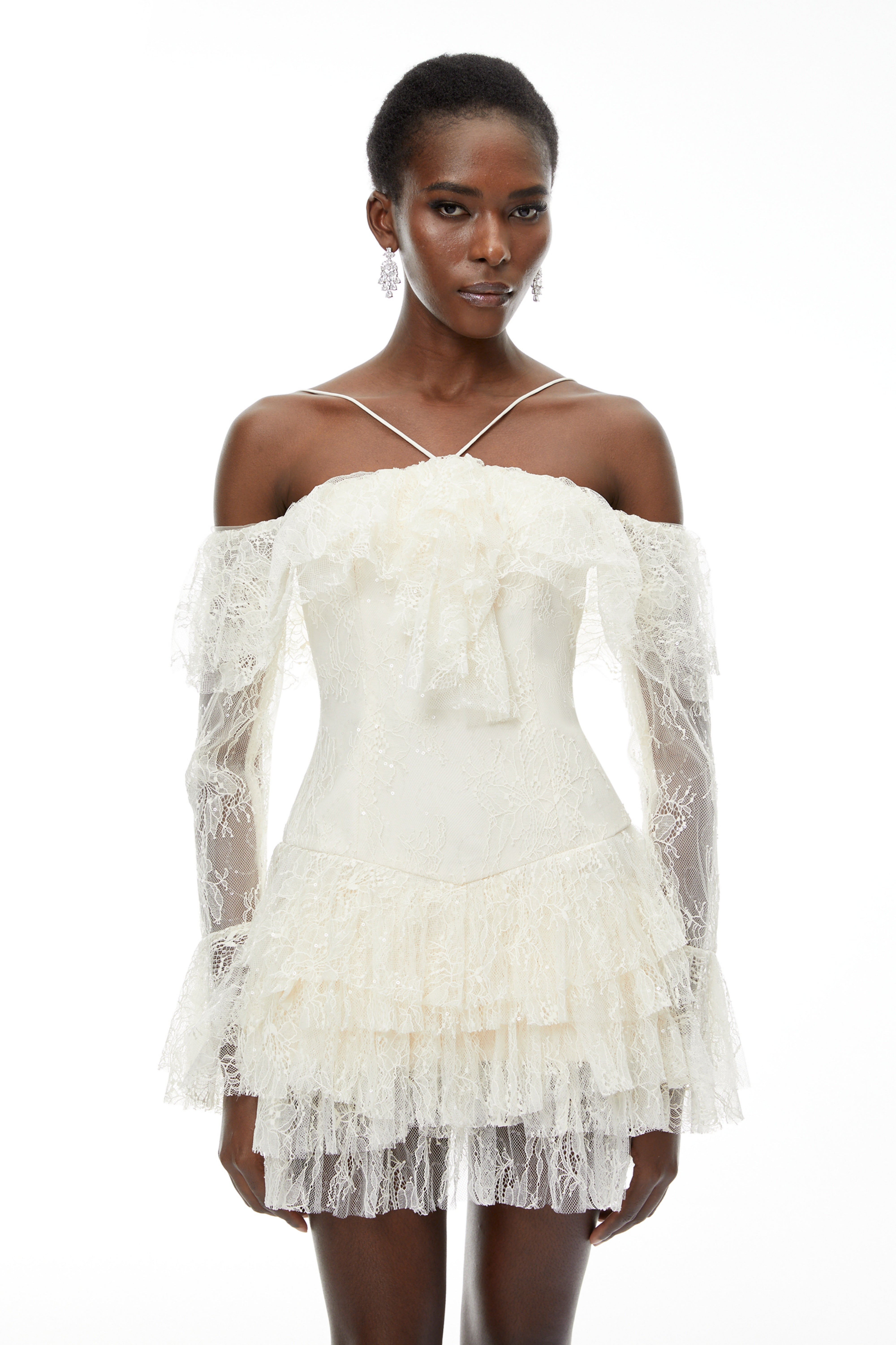 Evelyn Neutral Off Shoulder Tiered Mini Dress (Final Sale-US Only)