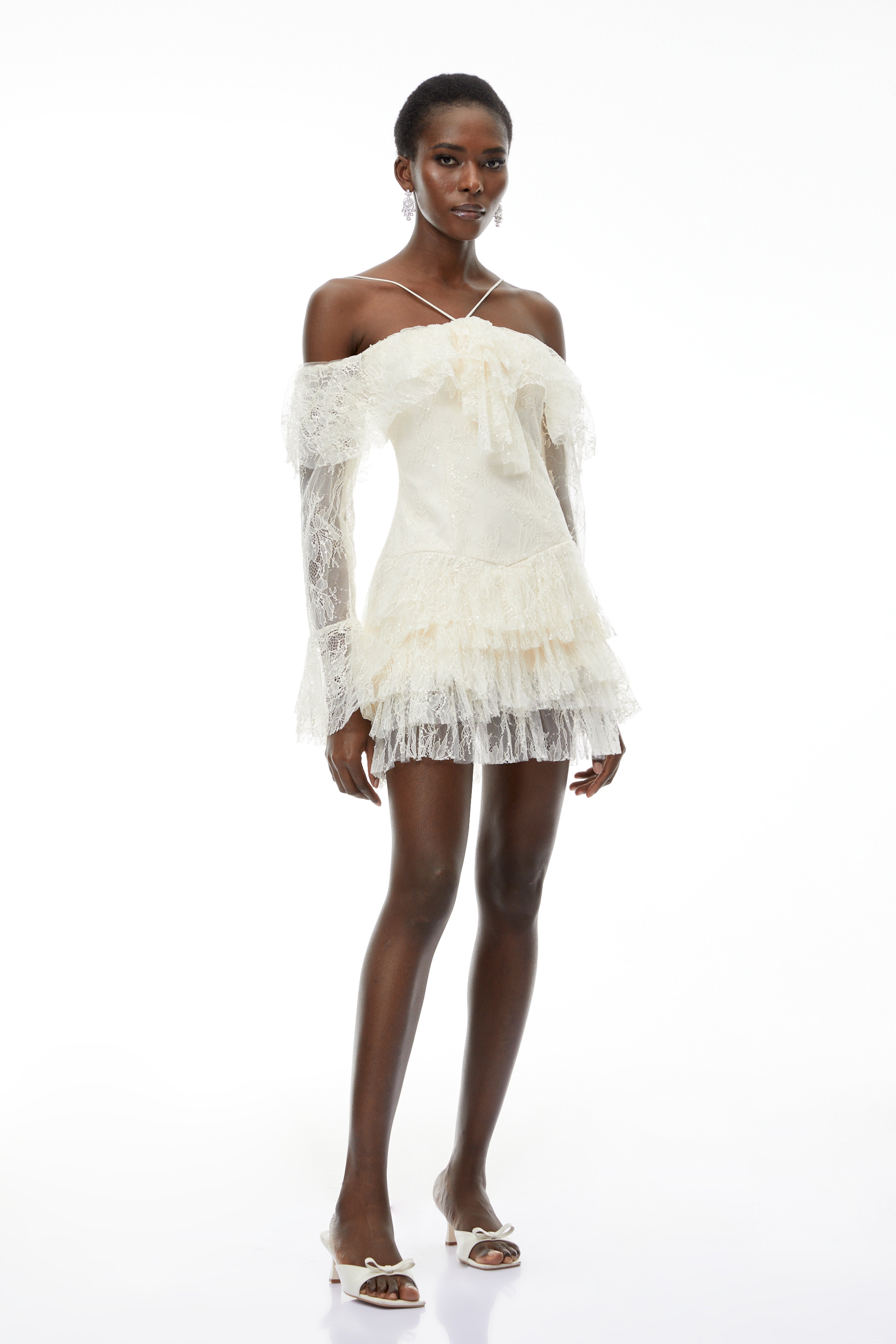 Evelyn Neutral Off Shoulder Tiered Mini Dress (Final Sale-US Only)