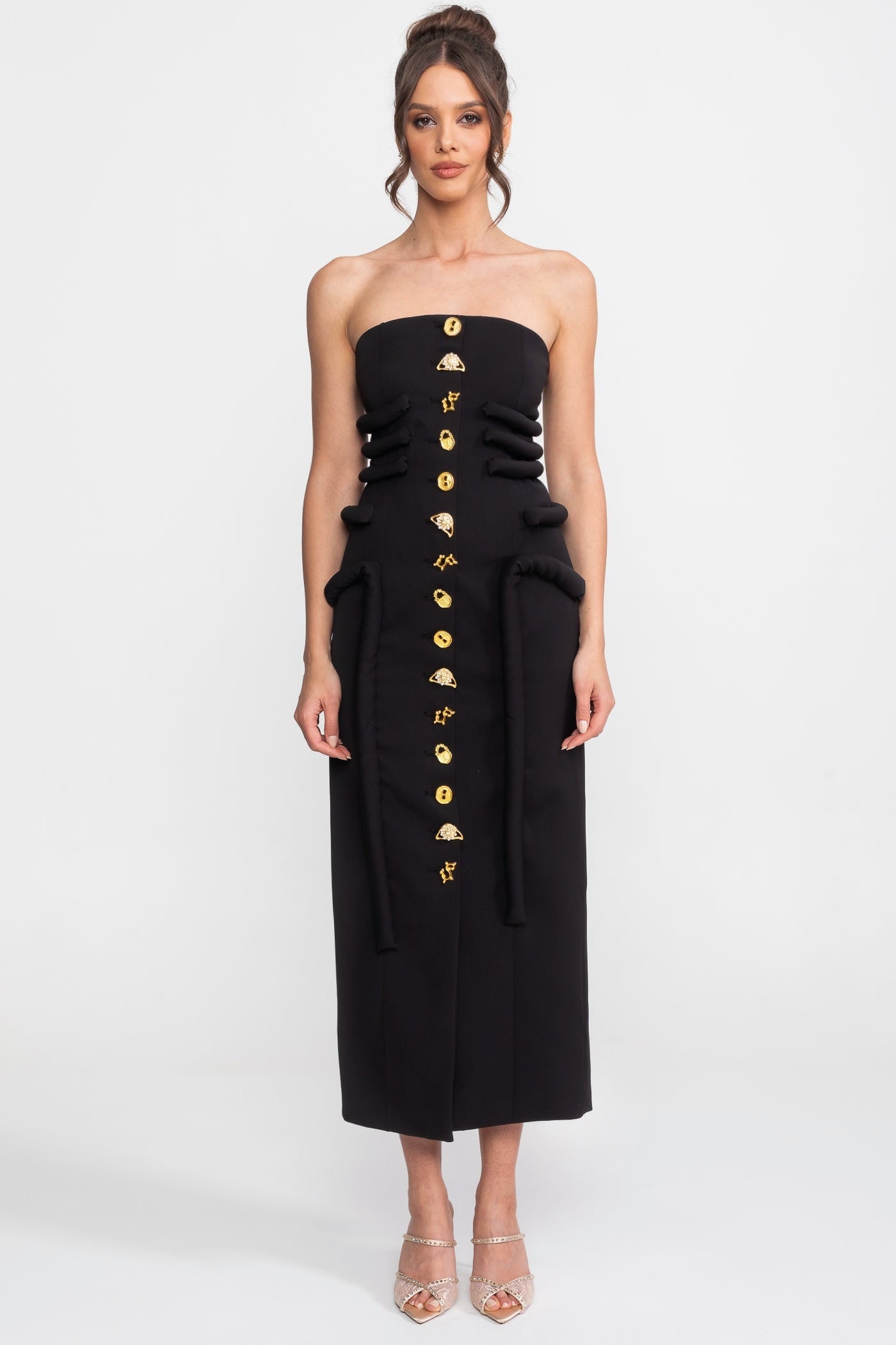 Black Midi Dress With Sculptural Knotted Bodice Detail And Jewel Buttons - Black