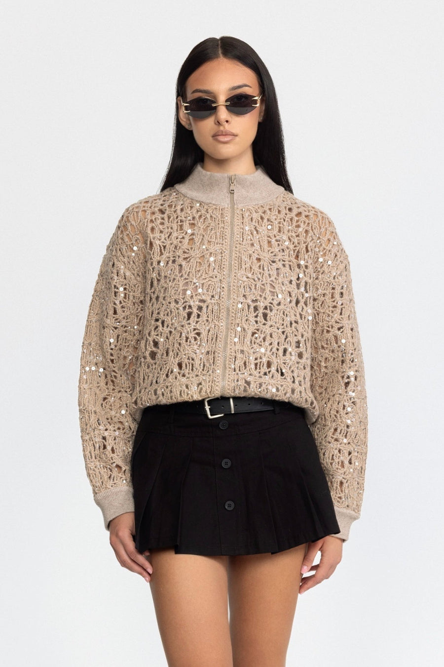 Aurélie Sequin Open-Knit Zip Cardigan - Beige