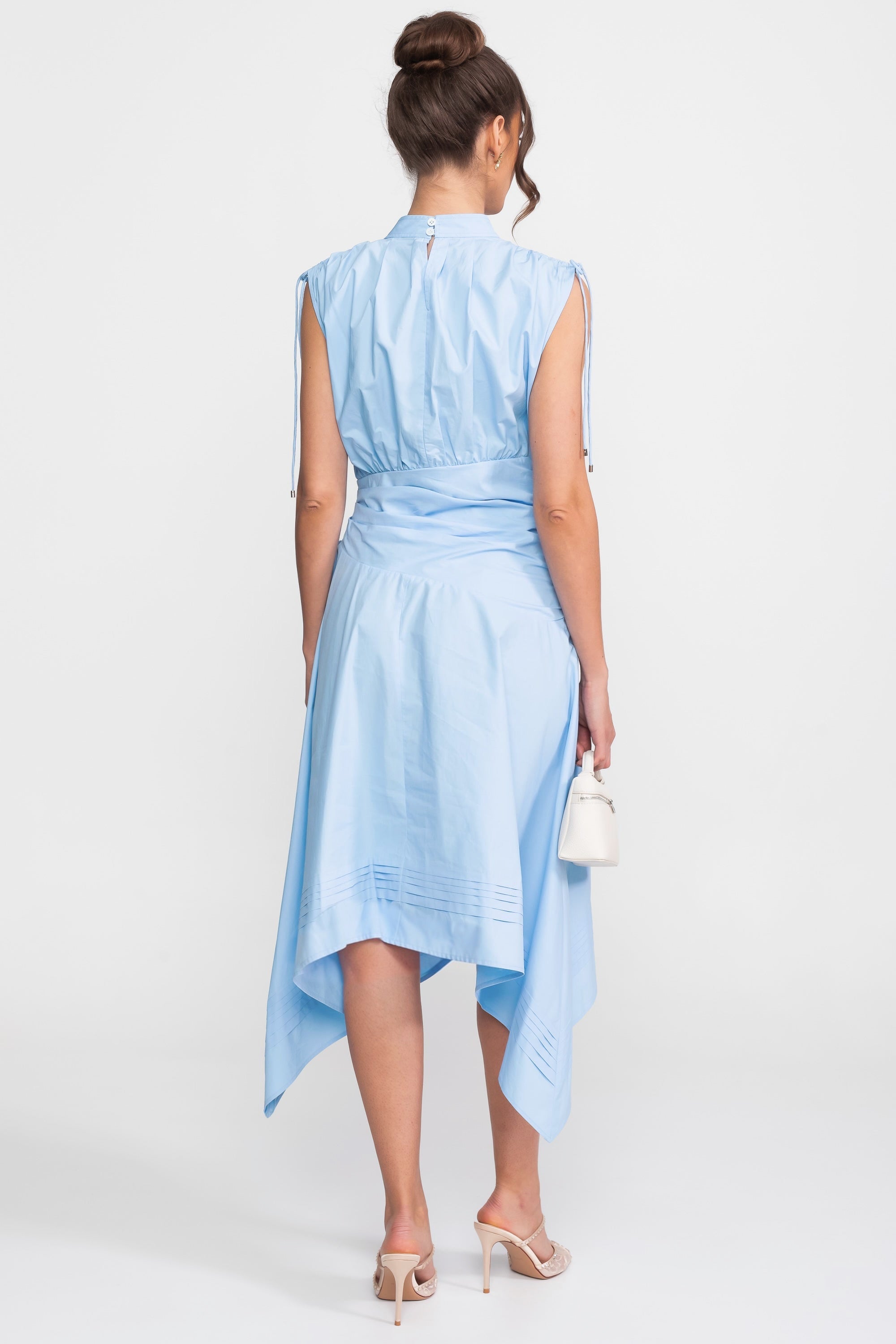 Sleeveless Asymmetric Midi Dress With Ruched Waist And Handkerchief Hem - Light Blue