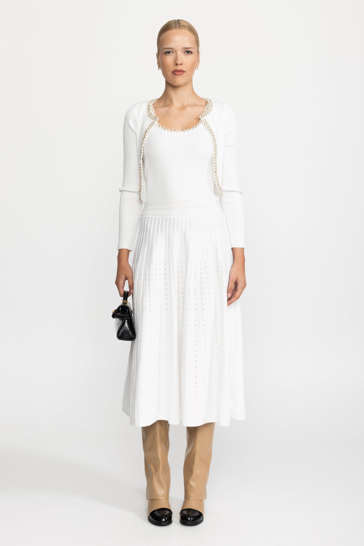 Pearl Trim Knit Tank Midi Dress and Bolero Set - White