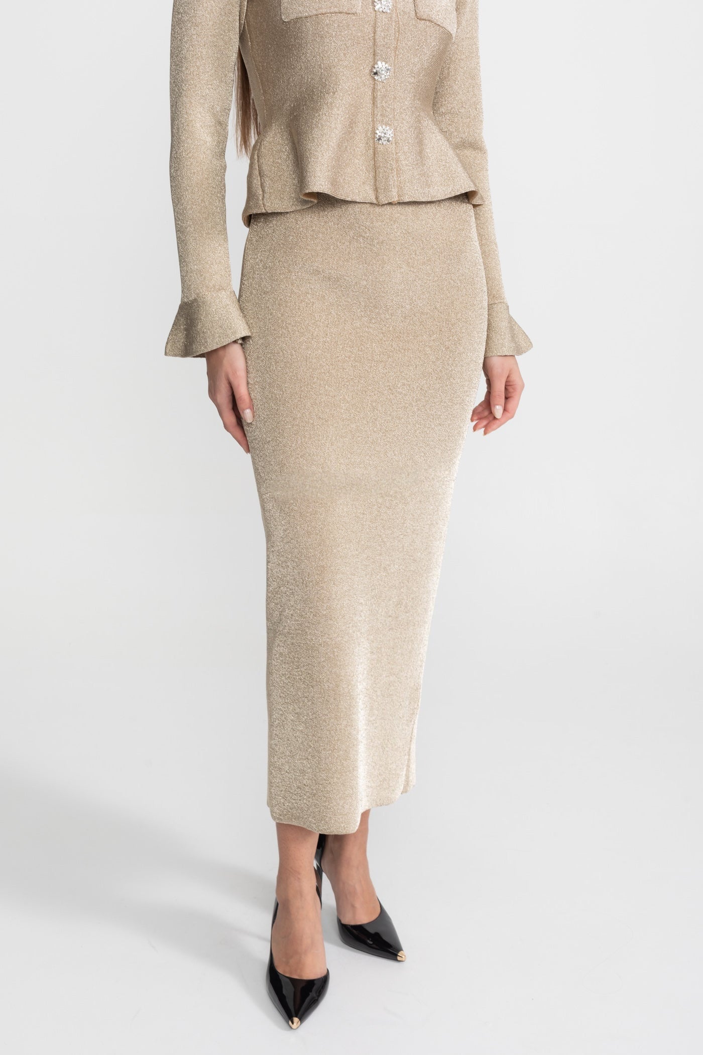 Tatiana Champagne Shimmer Knit Dress with Crystal Button Accents