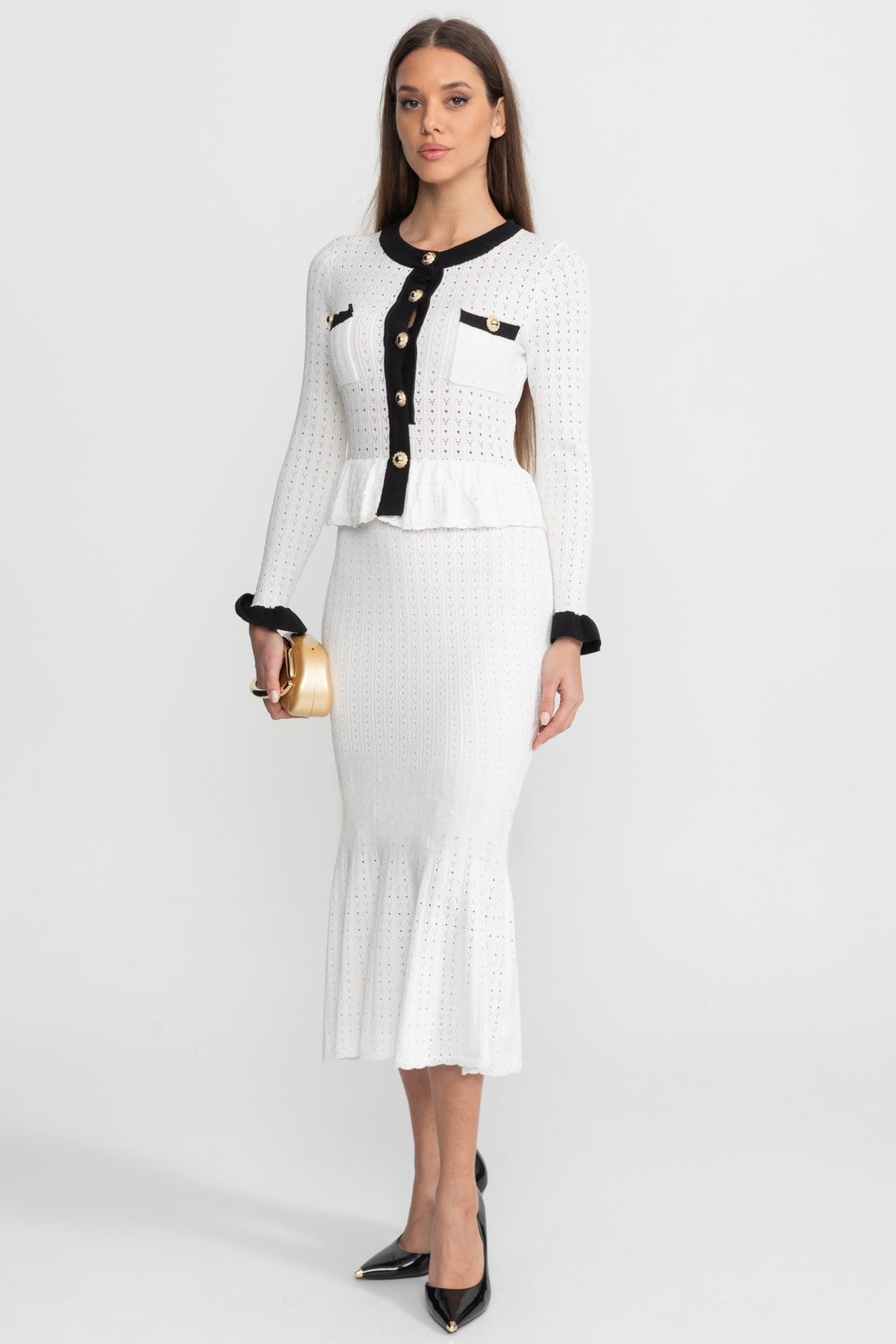 Maelle White Pointelle Knit Midi Co-Ord with Contrast Trim