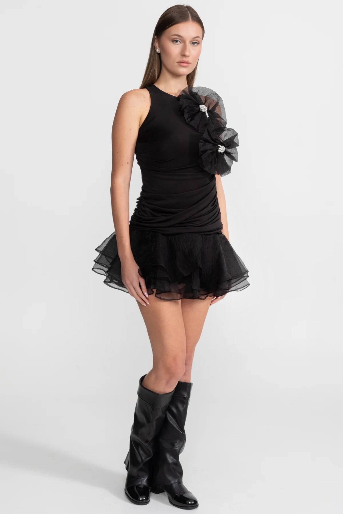 Ruffled Mini Dress with Tulle Appliqué – Black