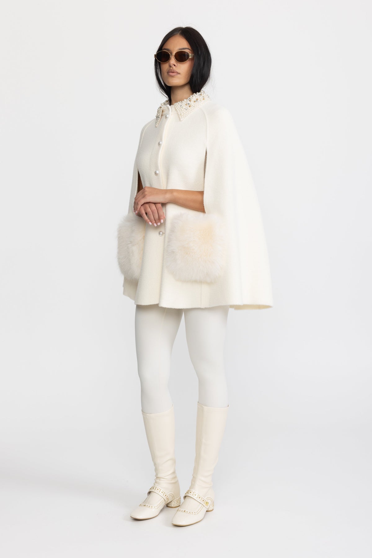 Pearl Embellished Collar Cape with Faux Fur Pockets - Ivoire