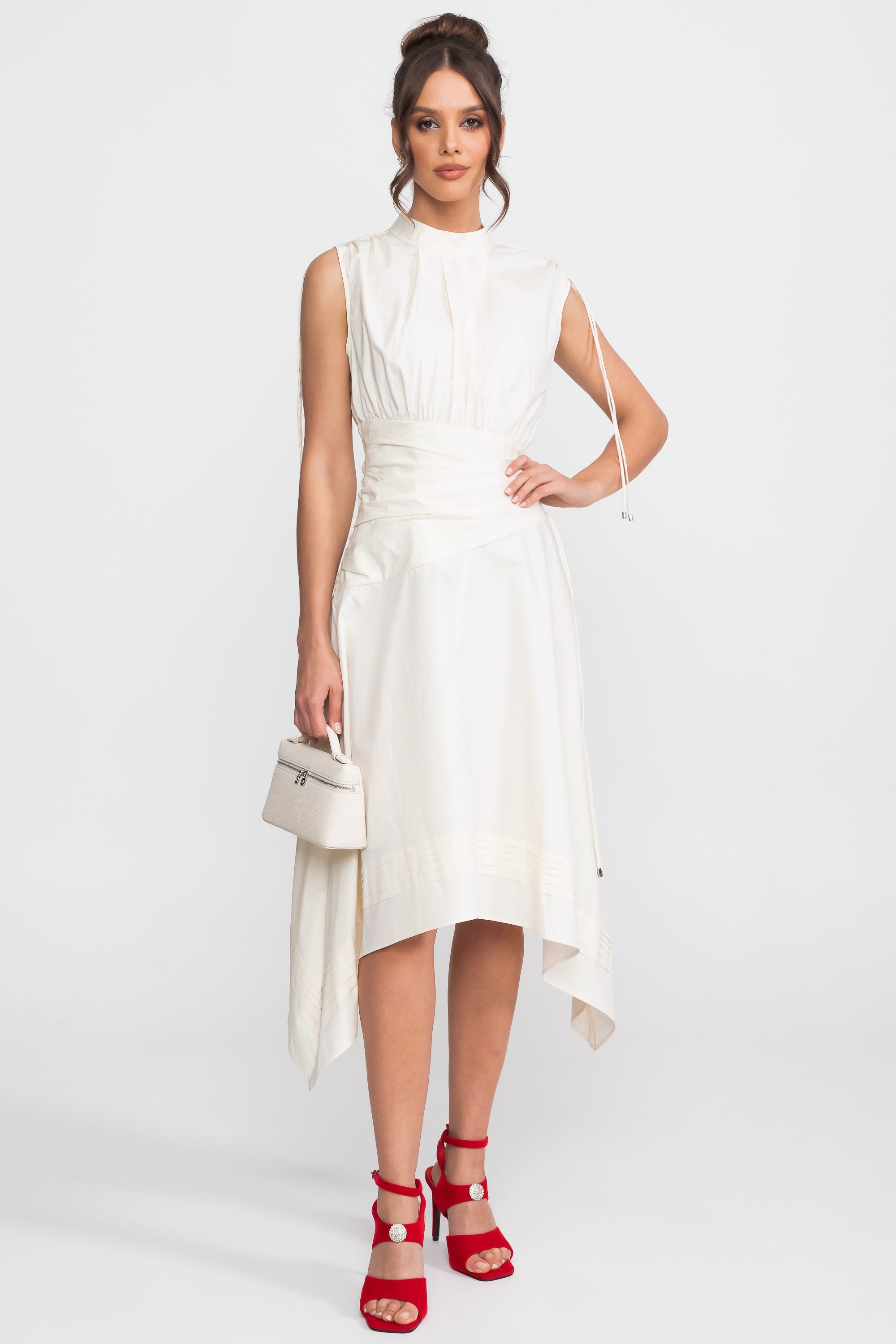 Sleeveless Asymmetric Midi Dress With Ruched Waist And Handkerchief Hem - Ivoire