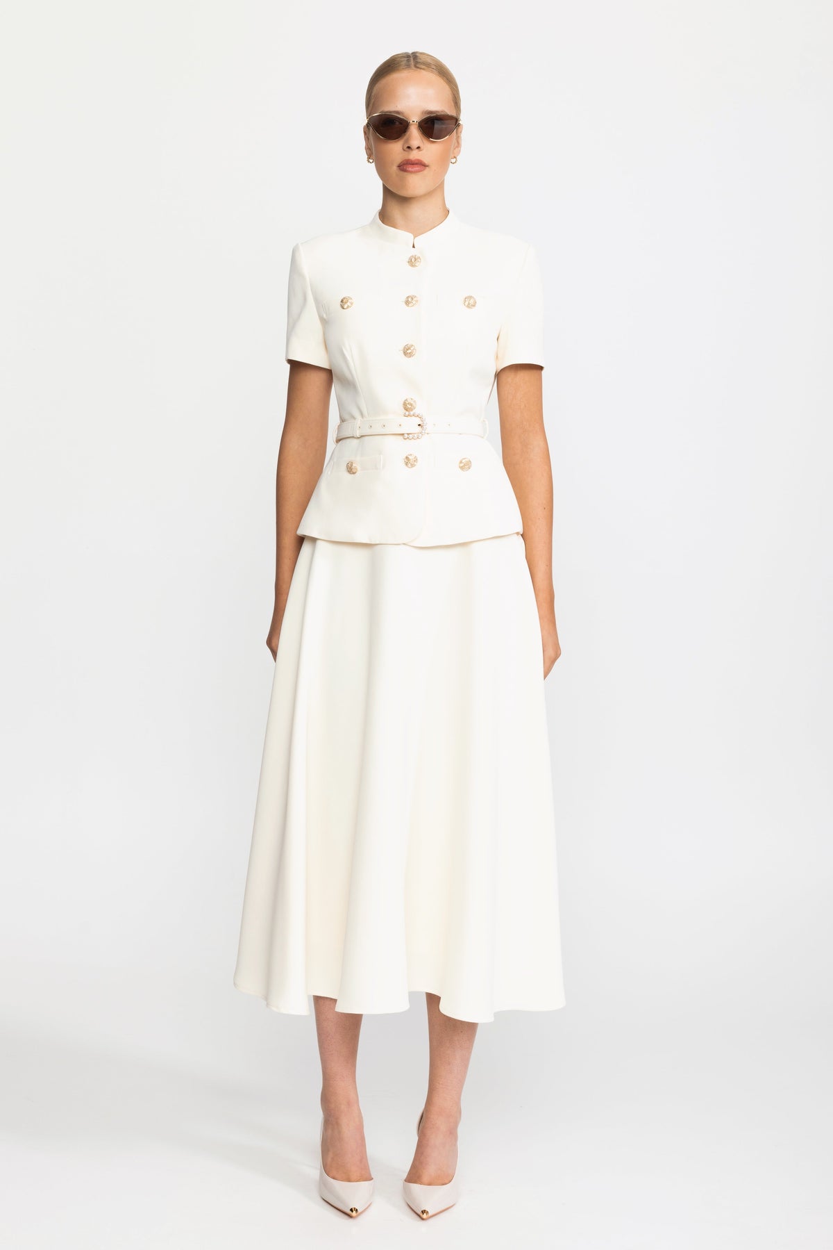 Belted Button Jacket and A-Line Midi Skirt Co-ord Set - Ivoire