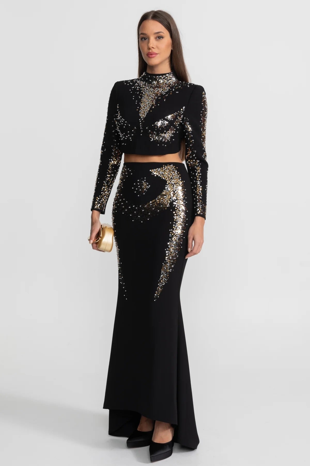 Embellished Co-Ord Set with Silver and Gold Sequin Detailing - Black