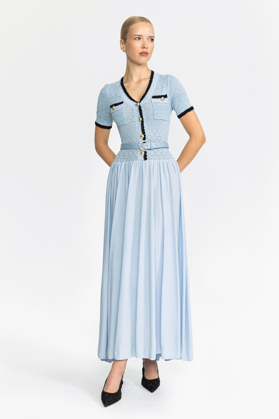 Agathe Pointelle Knit Bodice Belted Maxi Dress - Light Blue