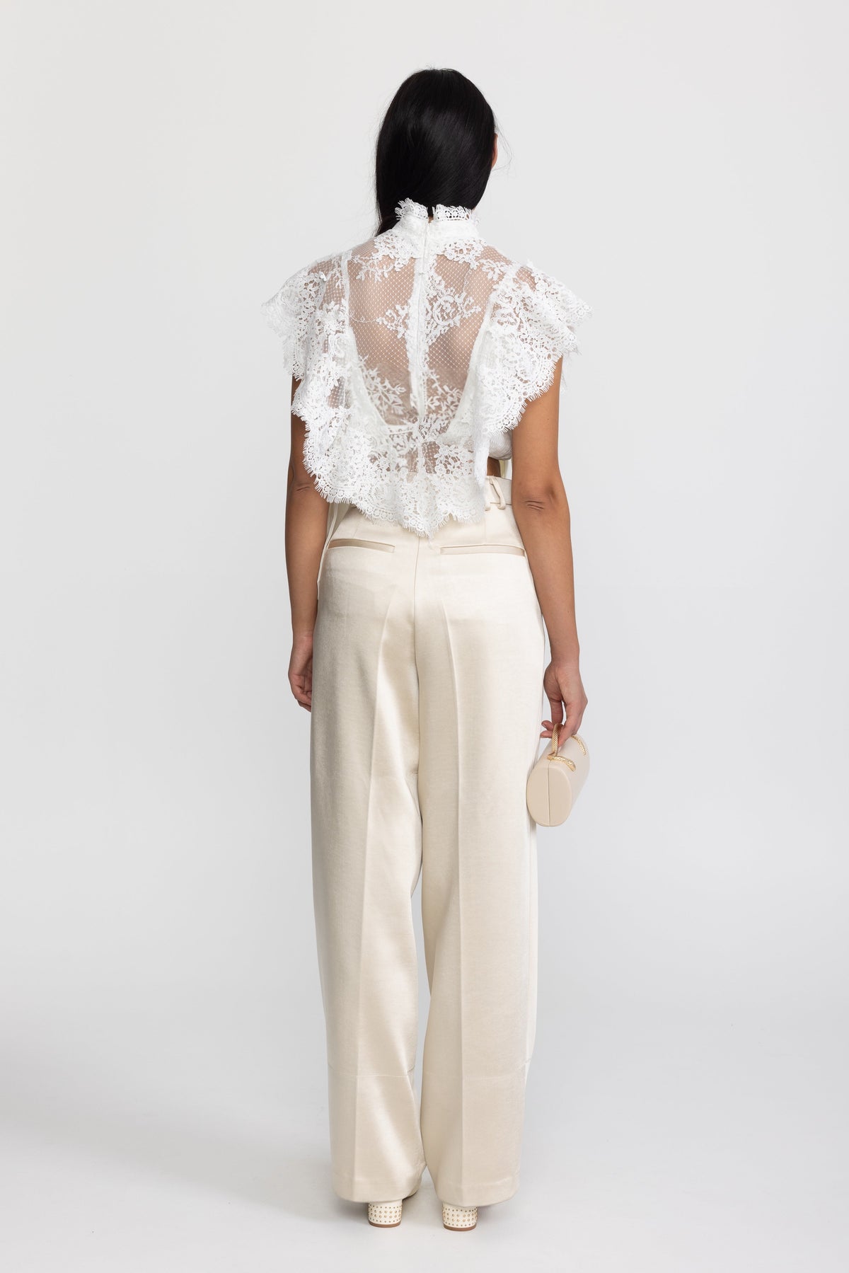 Sheer Lace Ruffle Mock Neck Top - White