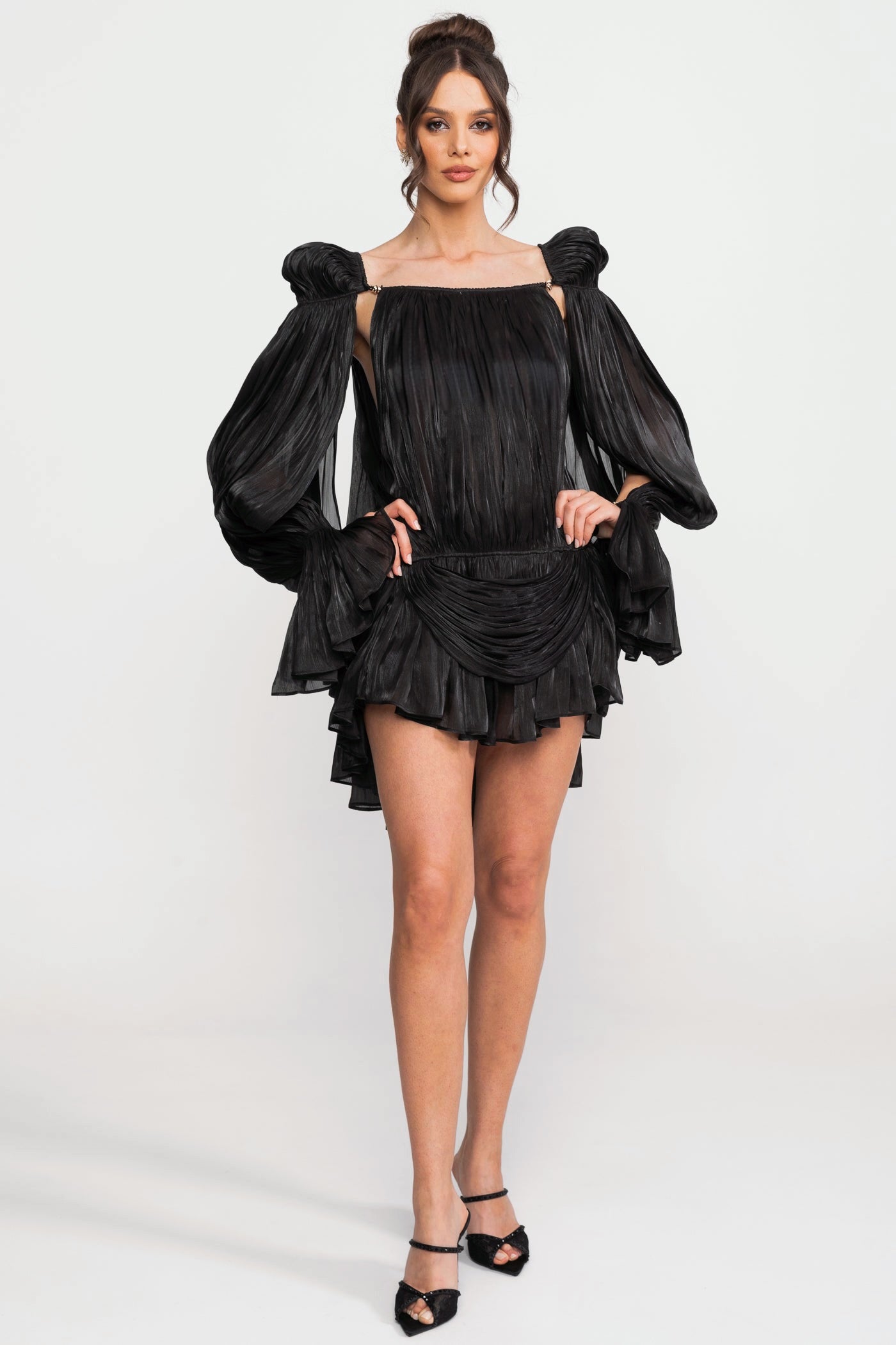 Sheer Draped Mini Dress With Cape Sleeves And Gold Clip Detail - Black