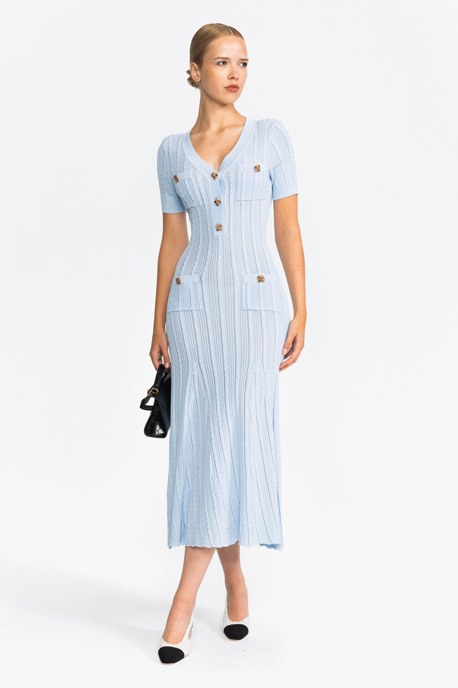 Clémence Cable Knit Jewel-Button Midi Dress - Light Blue