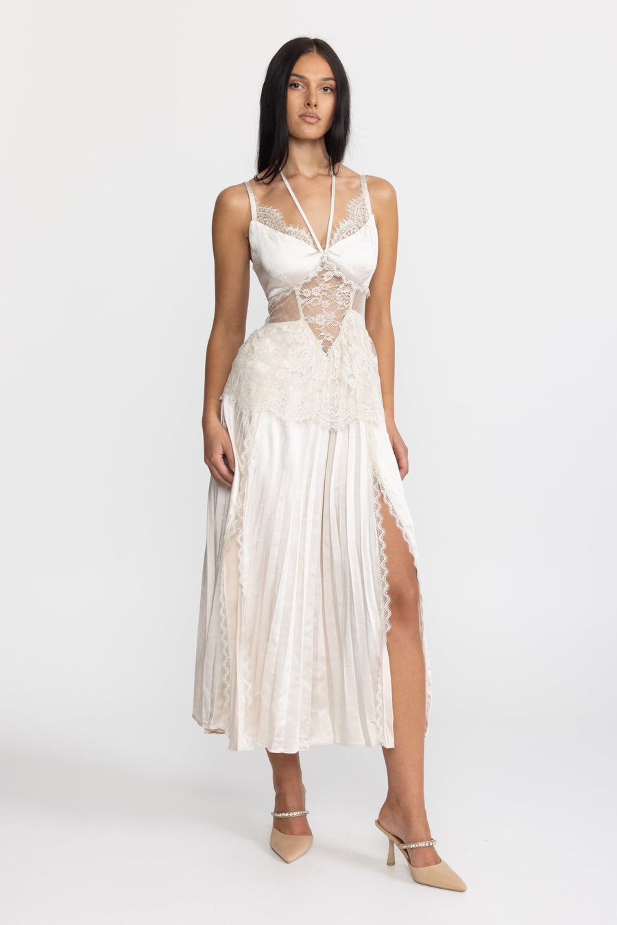 Isaline Lace Insert Satin Halter Pleated Midi Dress - Ivoire