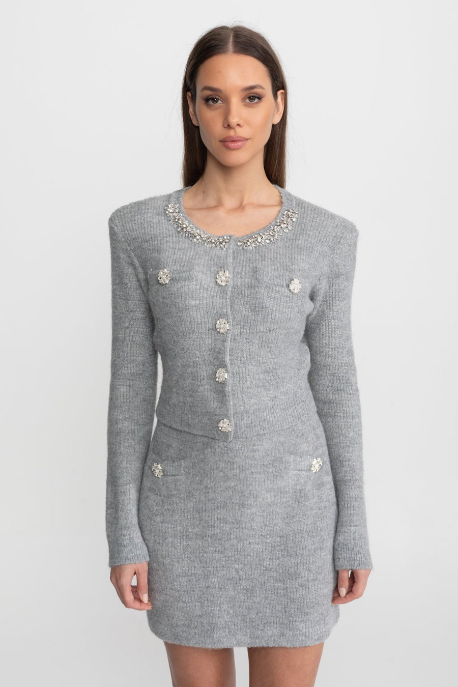 Blanche Grey Embellished Knit Co-Ord Set with Crystal Buttons