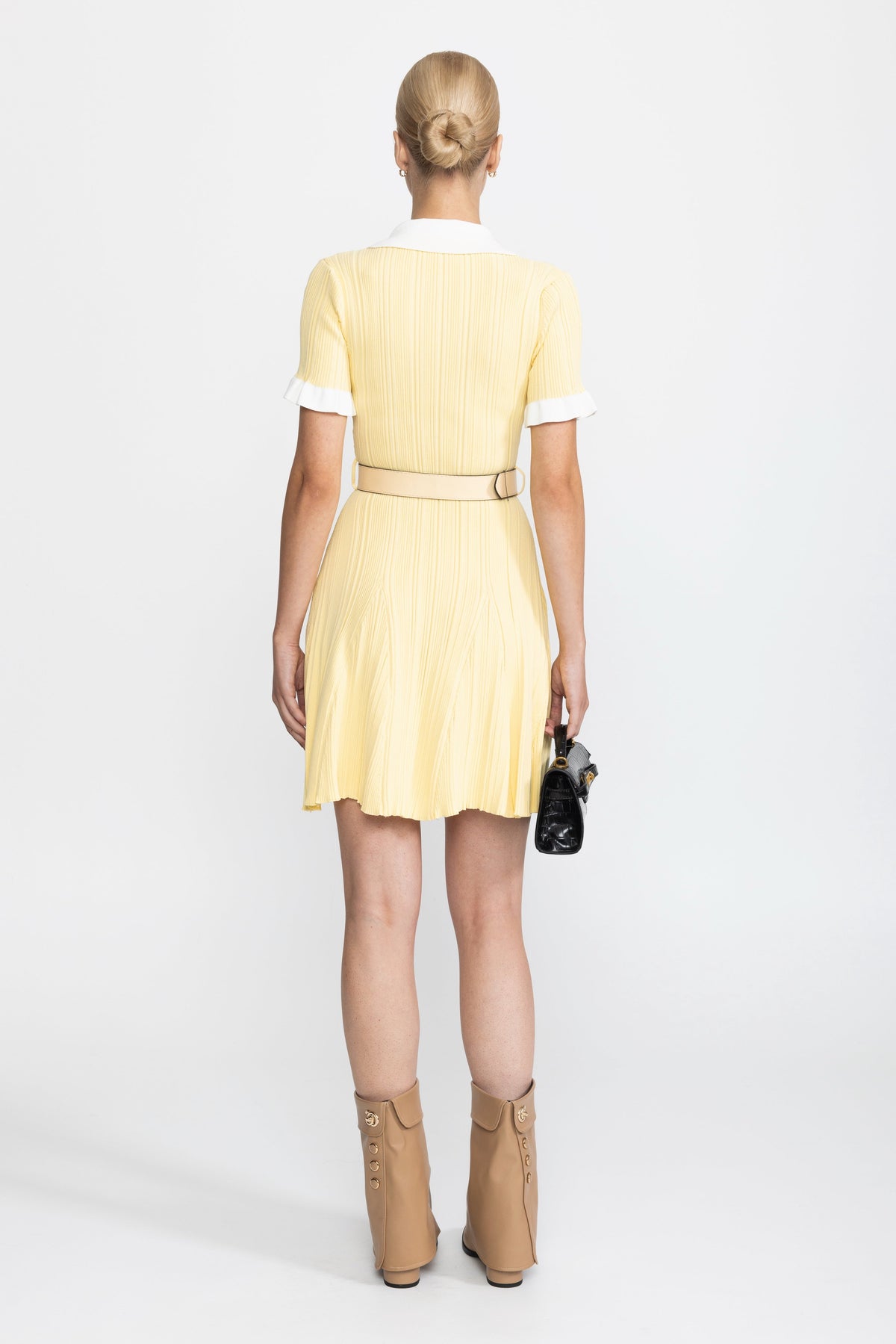 Ribbed Knit Contrast Collar Belted Mini Dress - Yellow