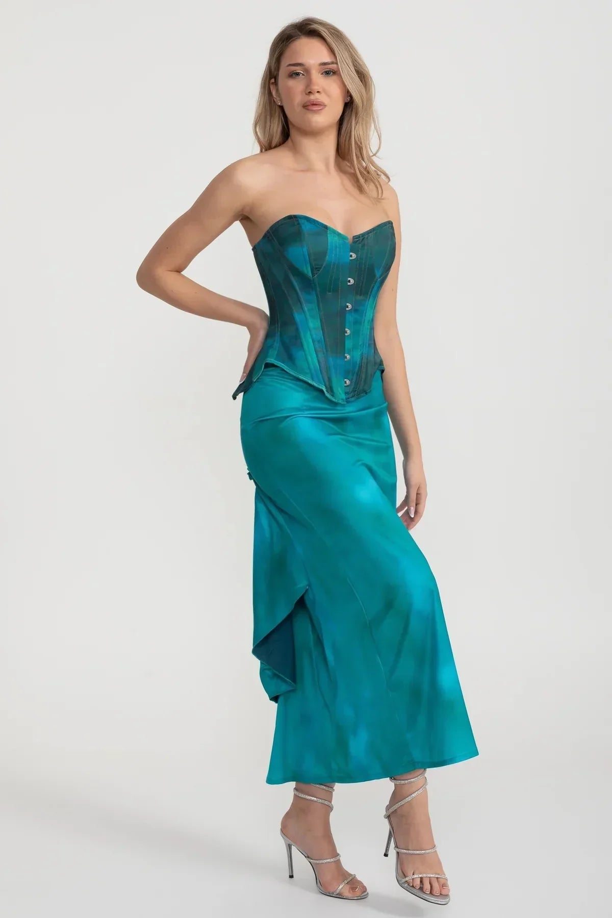 Elegant Satin Set With Corset-Style Bodice And Midi Skirt - Teal