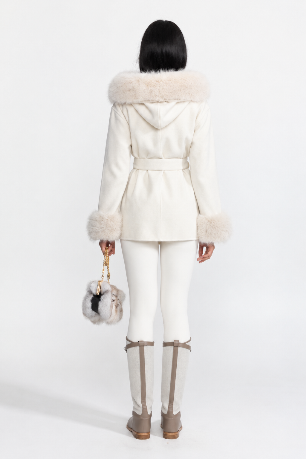 Dorothée Ivoire Hooded Belted Cashmere-Blend Coat with Fur Trim
