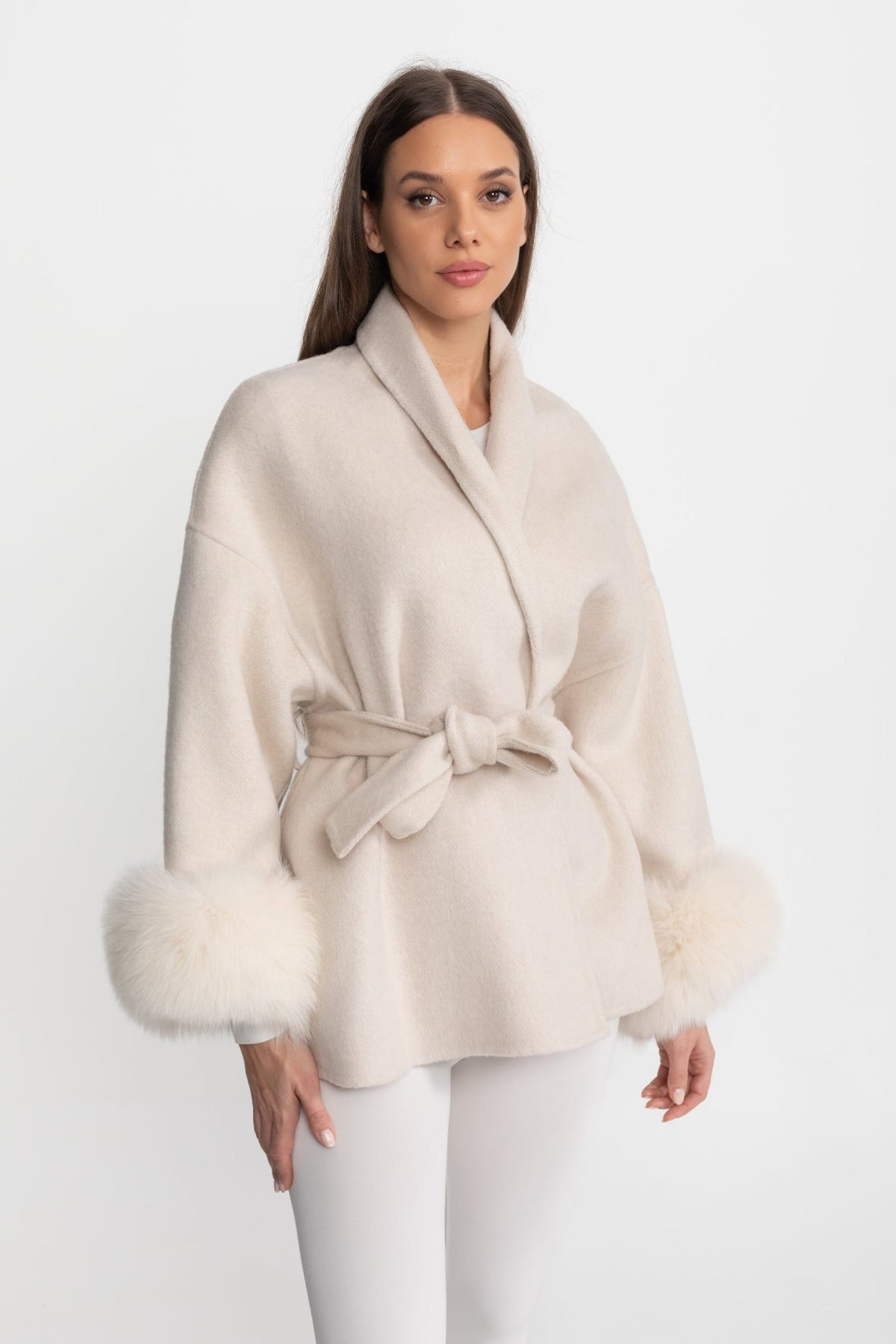 Wool Blend Wrap Jacket with Fox Fur Cuffs – Cream
