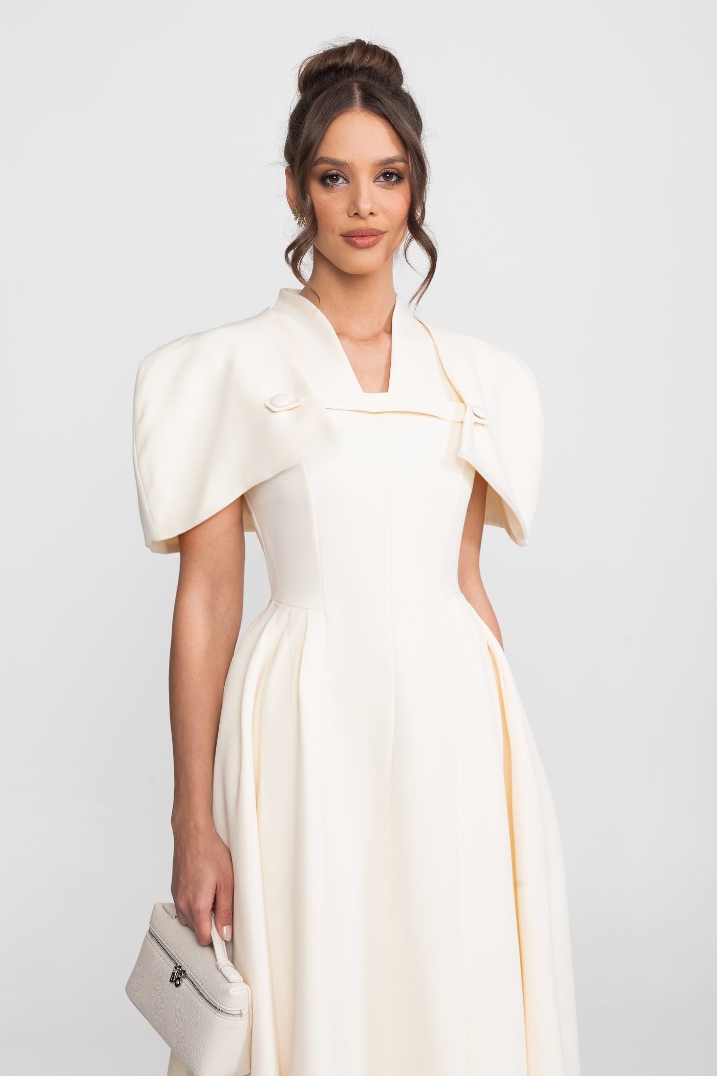 A-Line Midi Dress With Structured Cape Shoulders - Cream