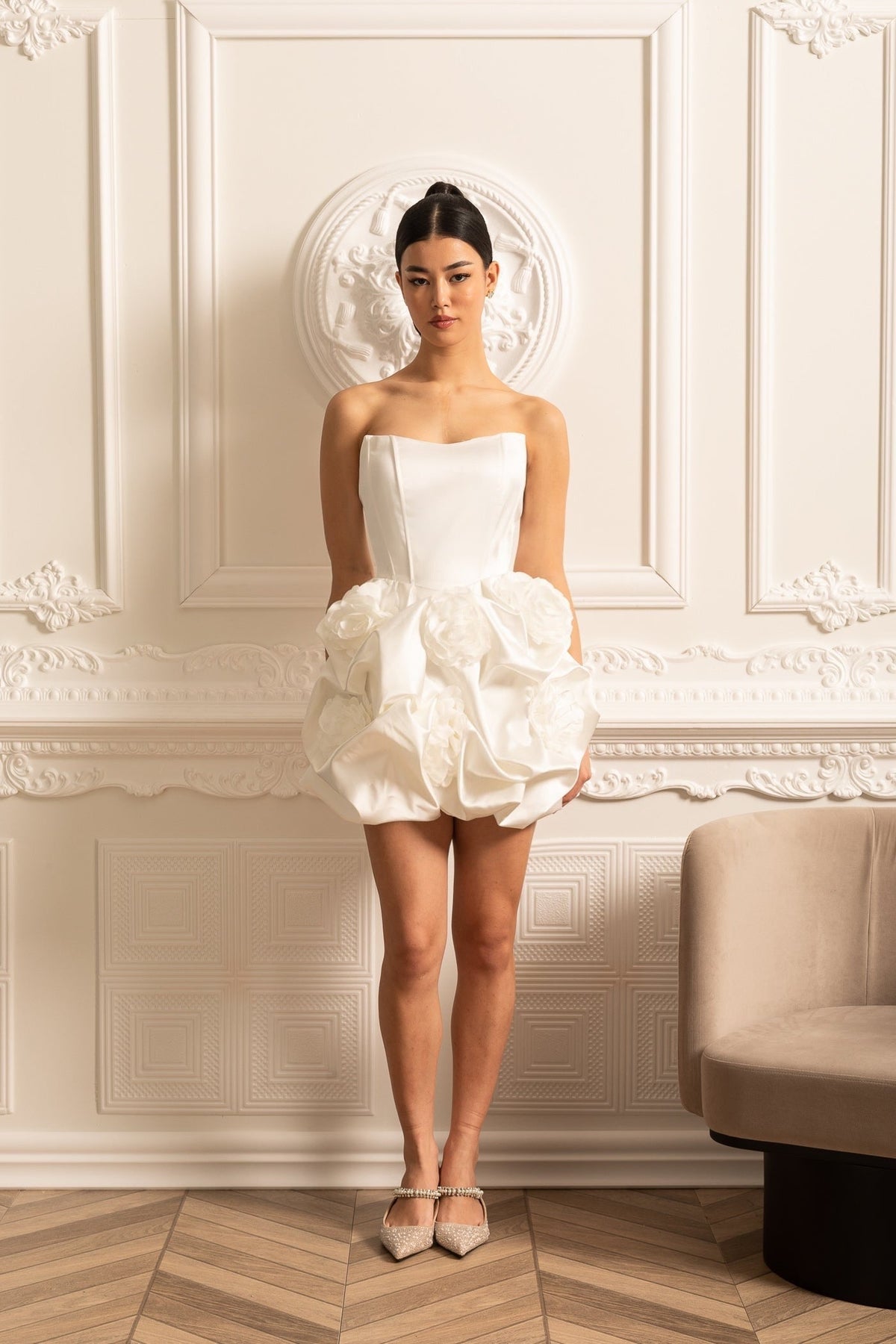 Satin Mini Dress With Gathered Fabric Floral Mini Skirt - White