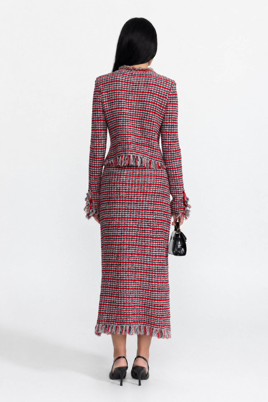 Madeleine Red Multi Fringed Tweed Jacket and Midi Skirt Co-ord Set