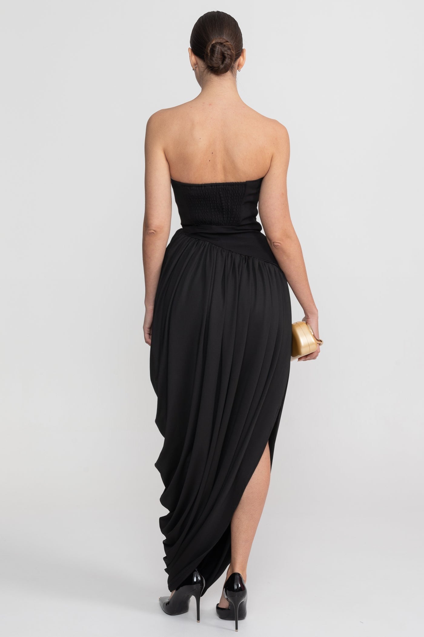 Strapless Maxi Dress With Asymmetric Draped Skirt - Black