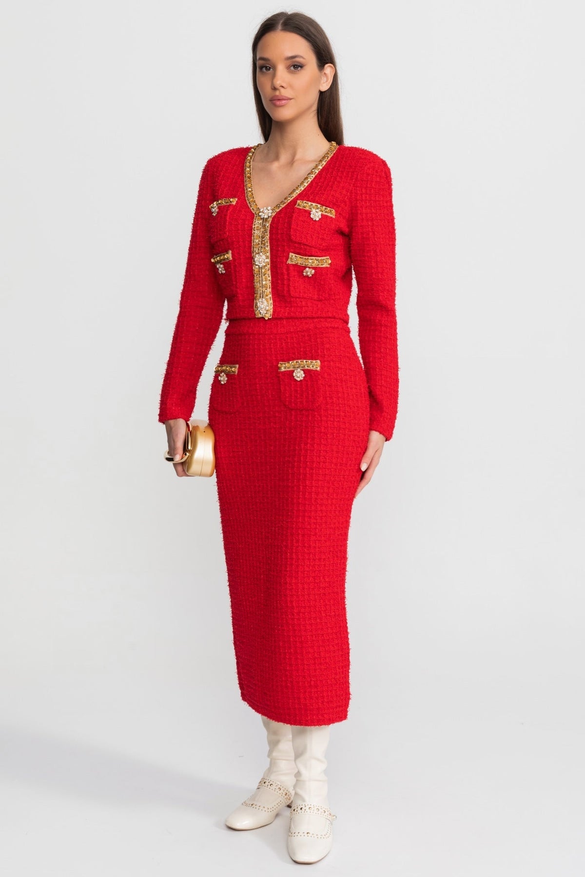 Serafina Red Textured Tweed Co-Ord Set with Gold Trim and Crystal Buttons