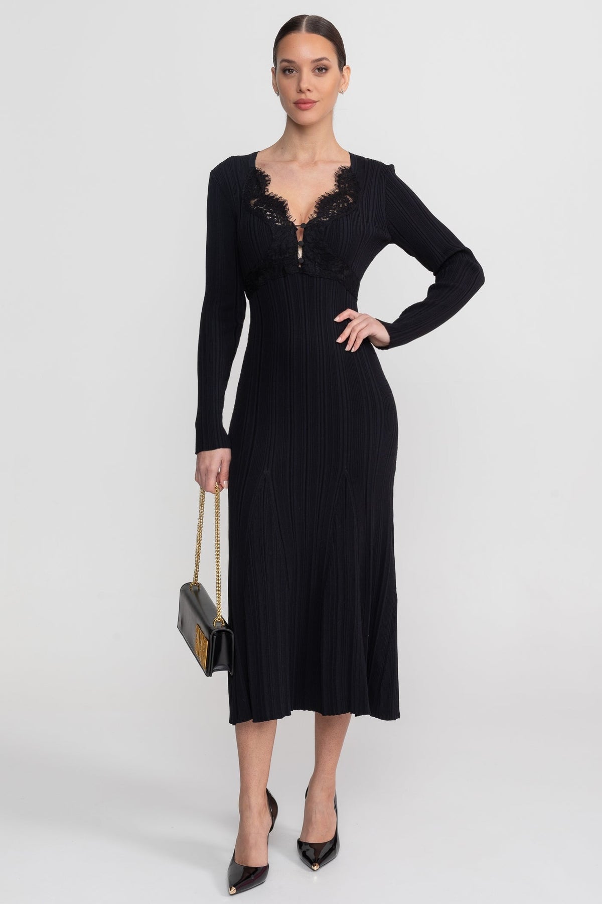 Leontine Black Ribbed Long Sleeve Midi Dress With Lace-Trim V-Neckline