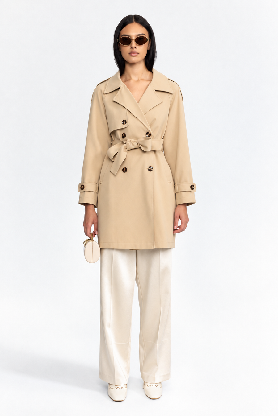 Honorine Pleated Back Belted Trench Coat - Khaki