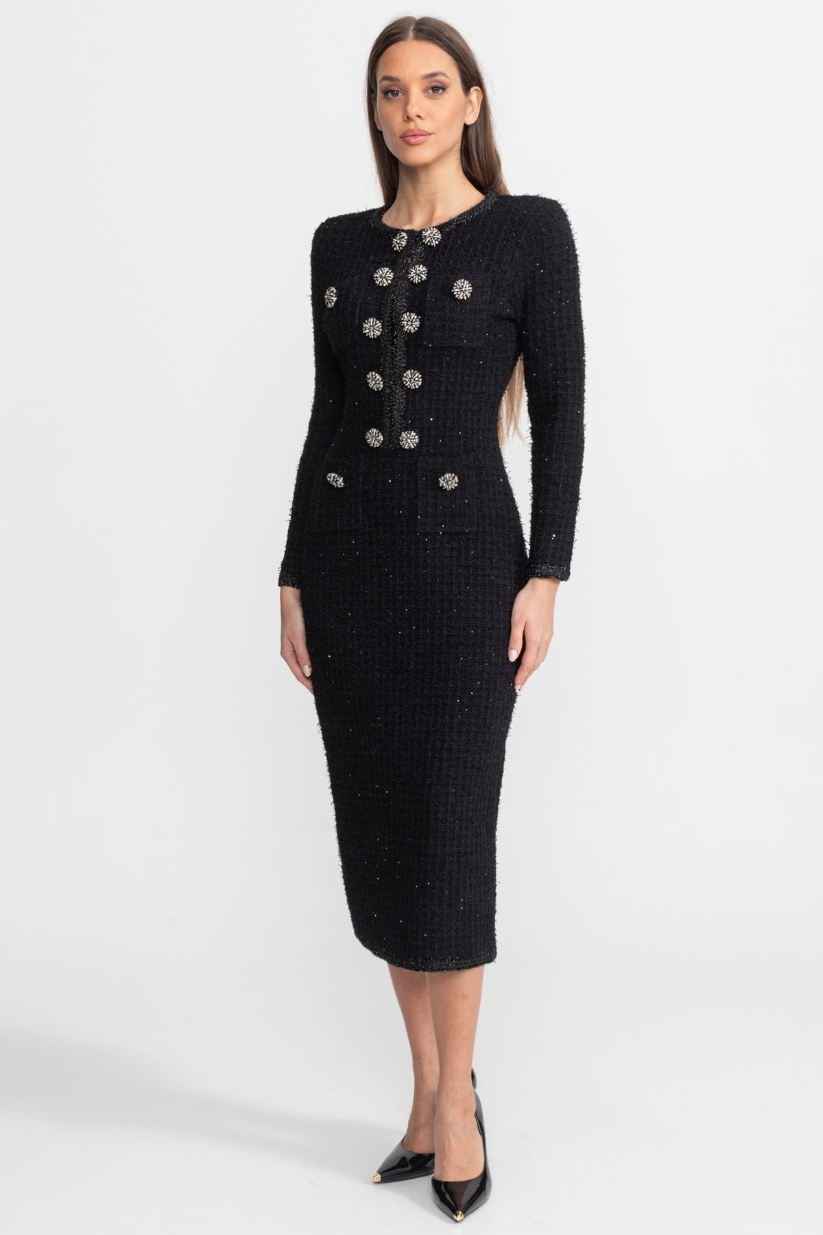 Augustine Black Textured Tweed Midi Dress with Crystal Button Detail