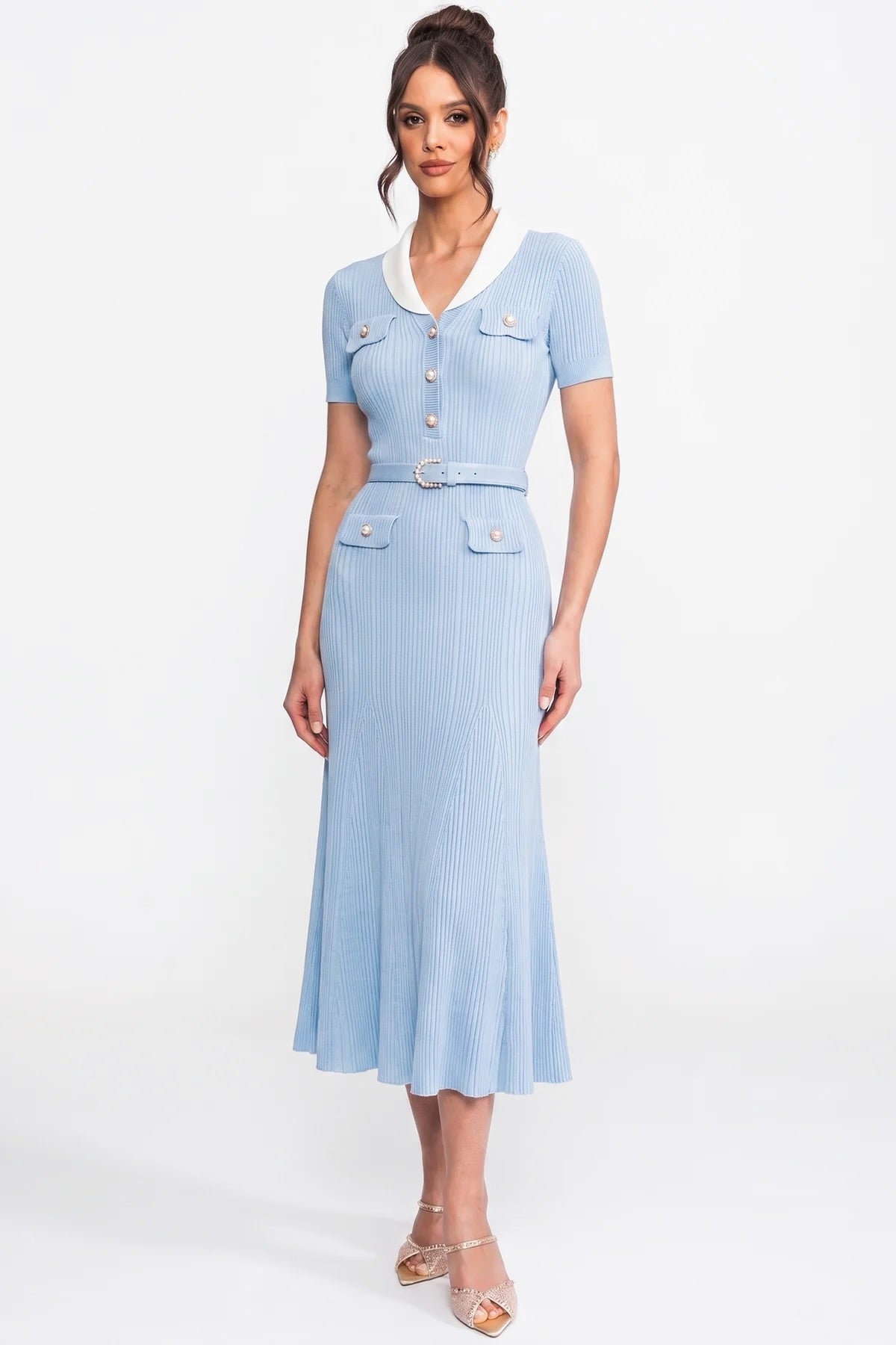 Ophelie Light Blue Ribbed Knit Midi Dress With White Collar And Pearl Belt
