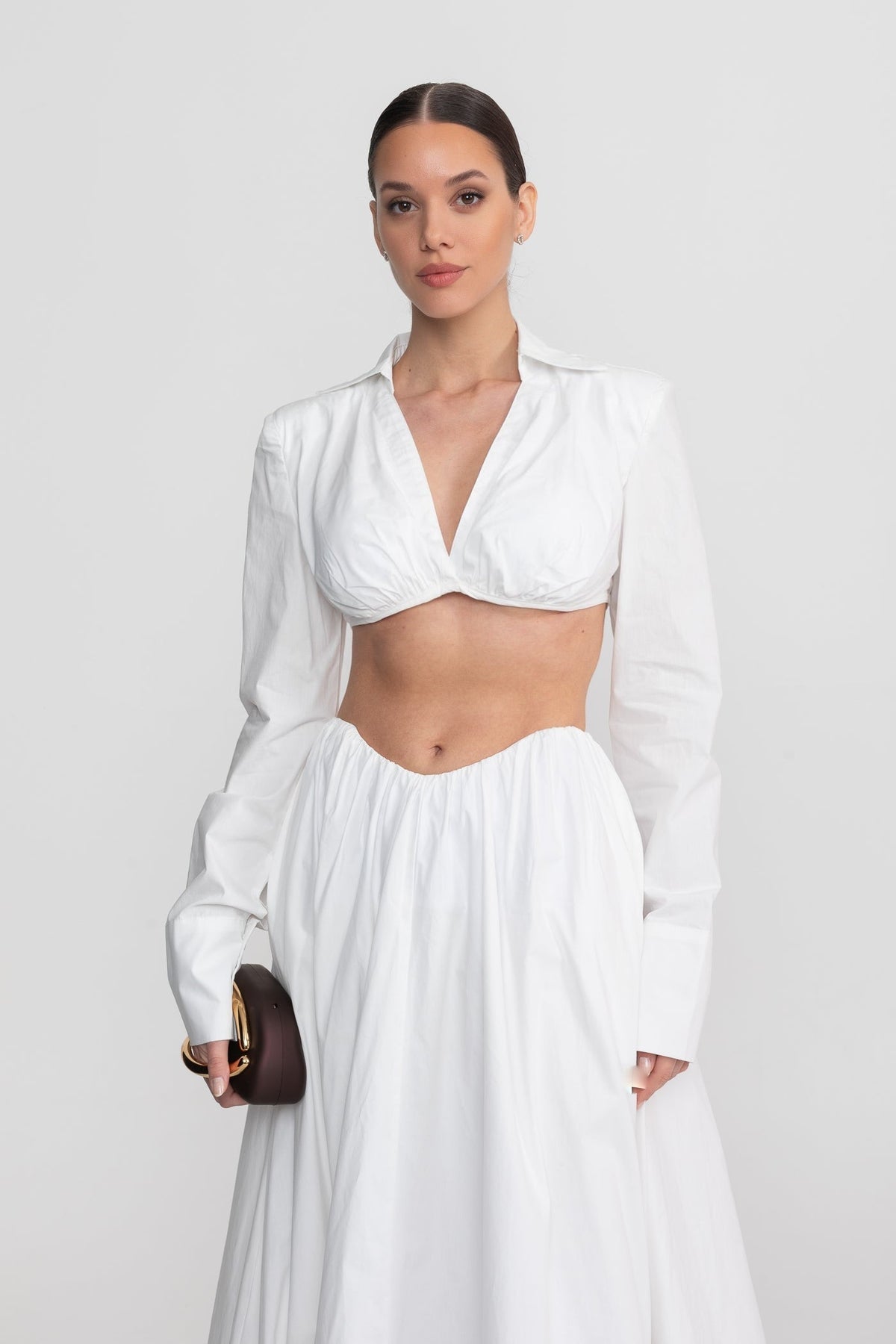 Long Sleeve Co-Ord Set With Cropped Underbust Top - White
