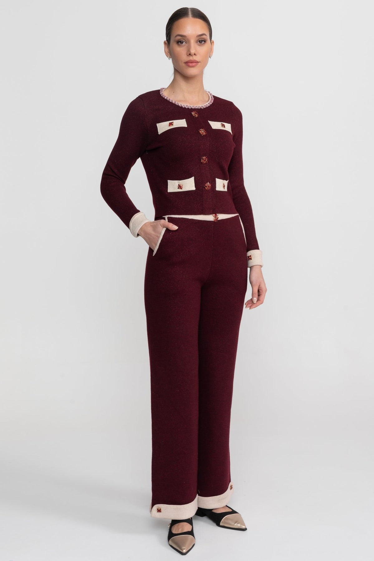 Francesca Burgundy Long Sleeve Knit Co-Ord Set With Contrast Trim And Sparkling Embellishments