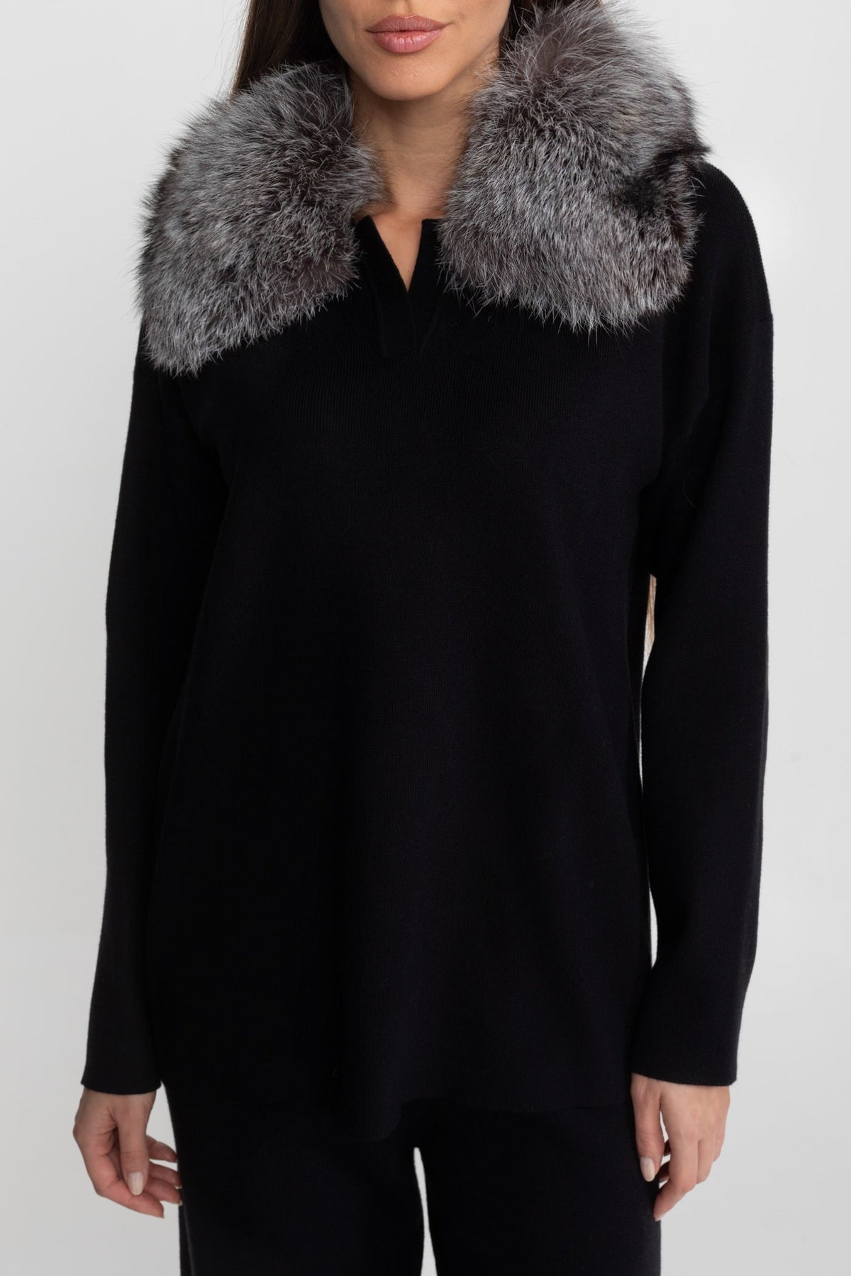 Elodie Black/Grey Knit Lounge Co-Ord Set with Fox Fur Collar