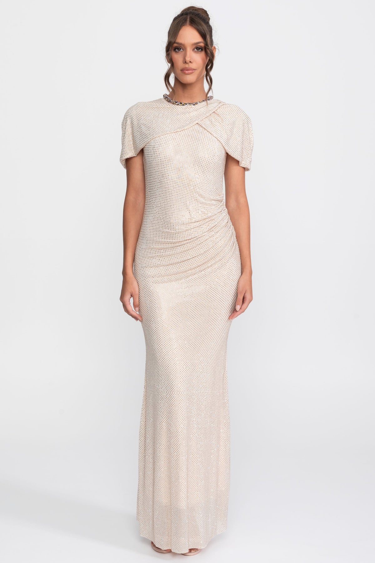Crystal Trim Sequin Column Gown With Cross-Wrap Sleeve - Champagne