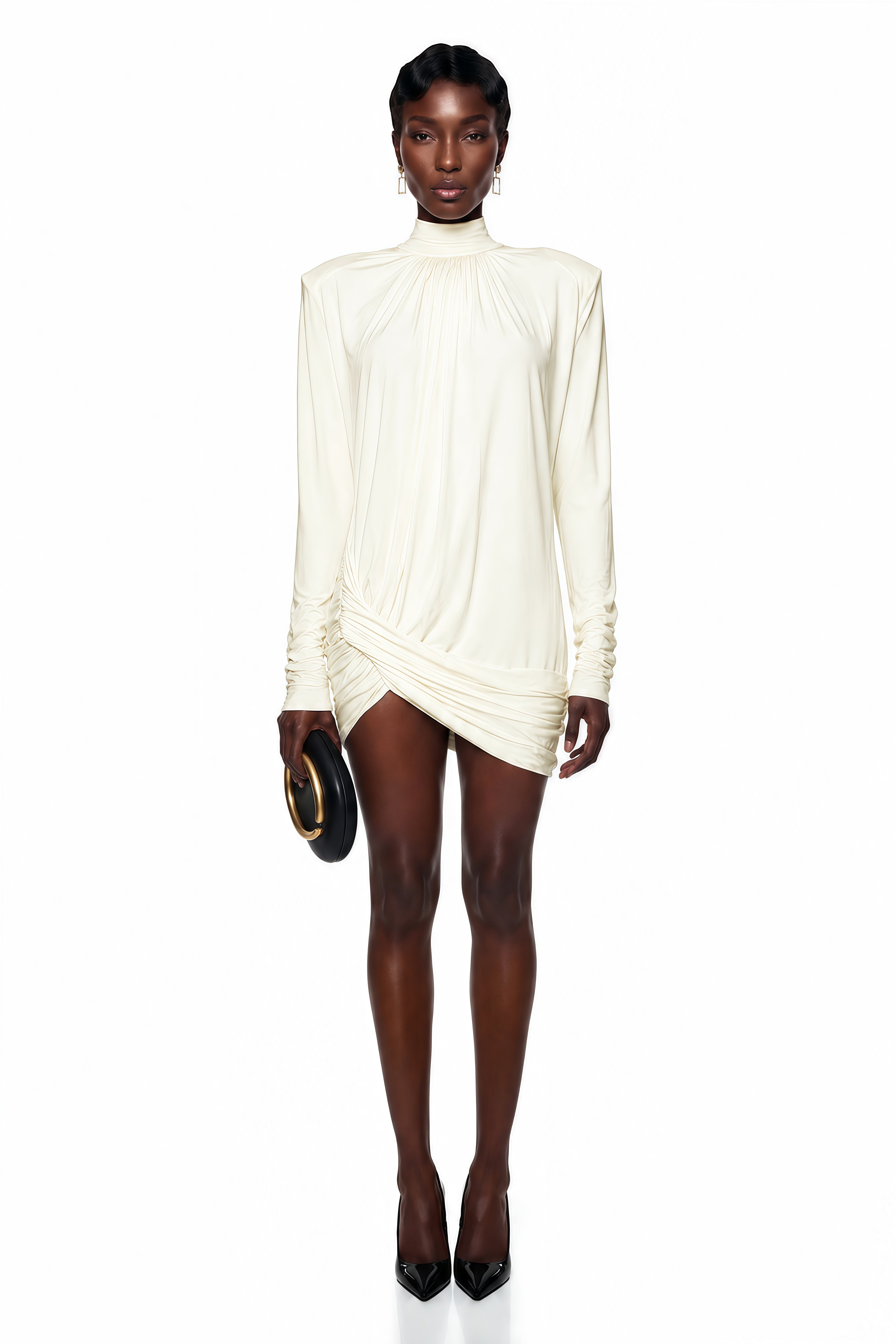 Fabiana White Mock Neck Ruched Mini Dress