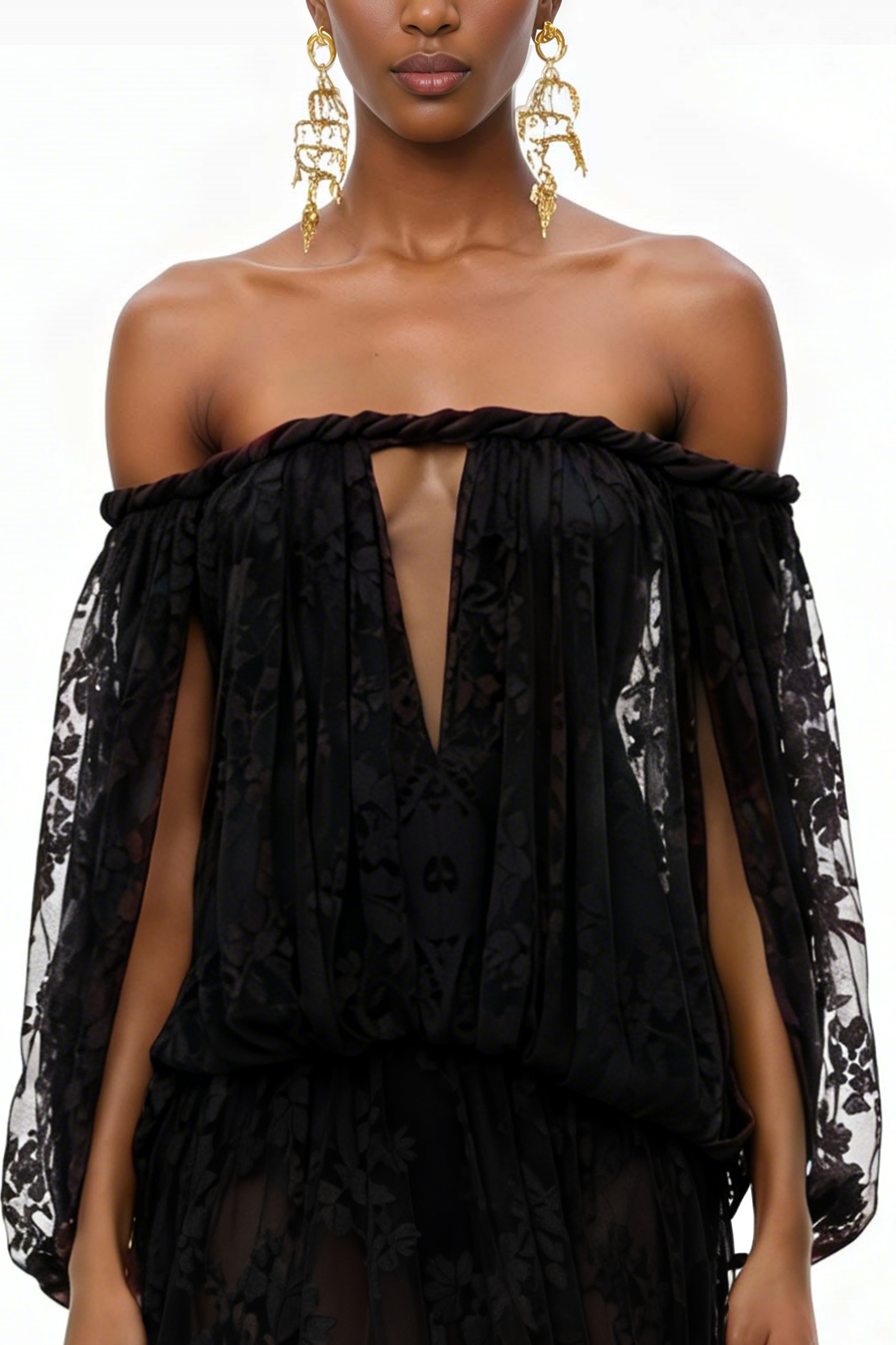 Fabienne Black Floral Appliqué Maxi Dress