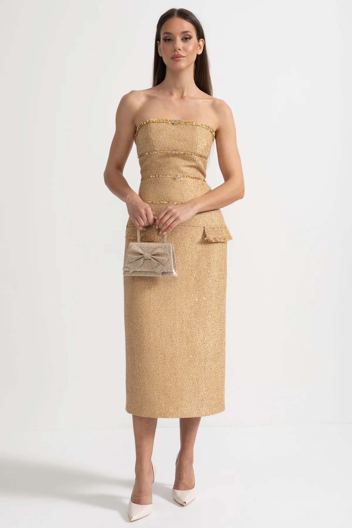 Elvire Gold Textured Tweed Overcoat With Intricate Sequin Embellishments And Fringe Trim Accents