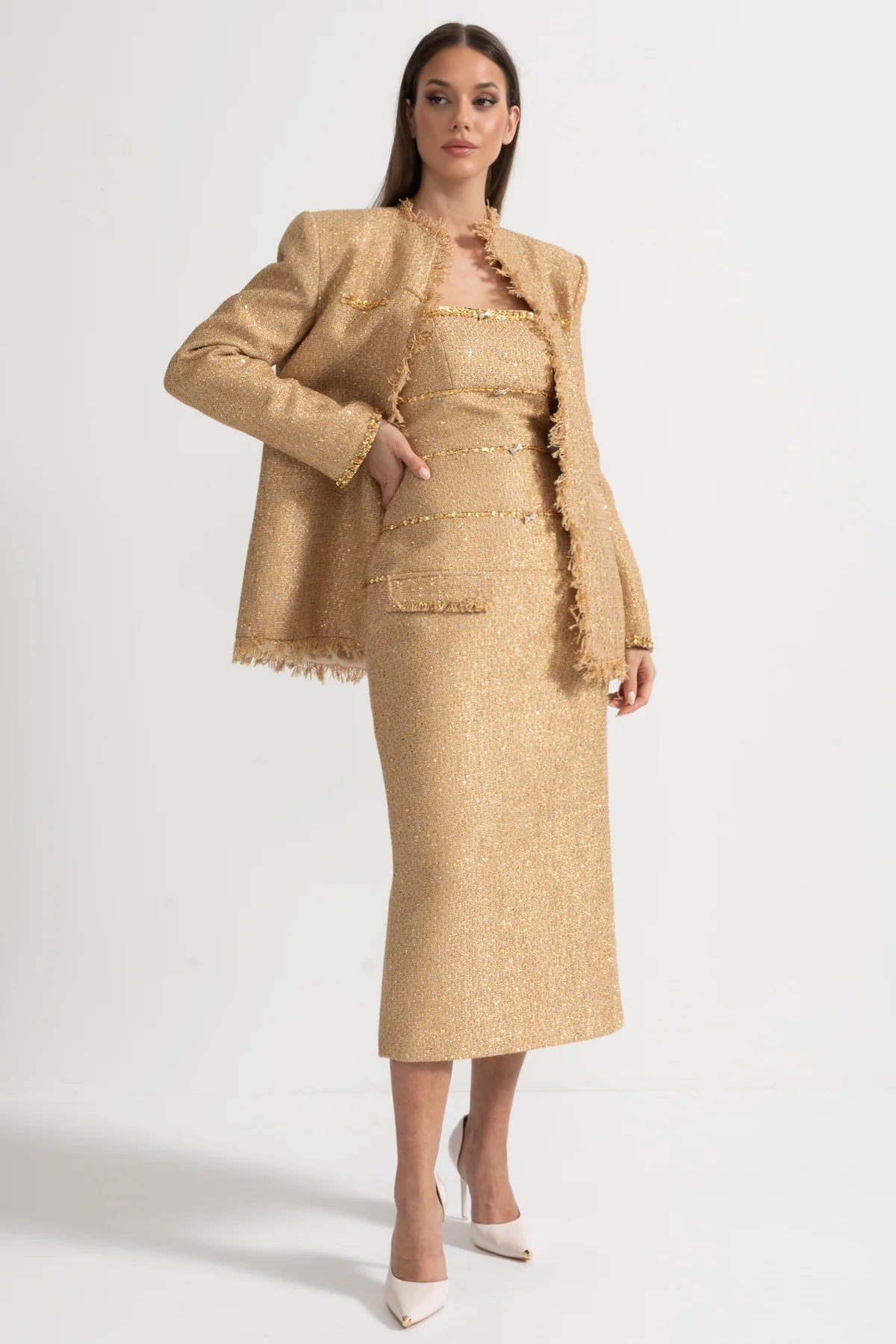 Elvire Gold Textured Tweed Overcoat With Intricate Sequin Embellishments And Fringe Trim Accents