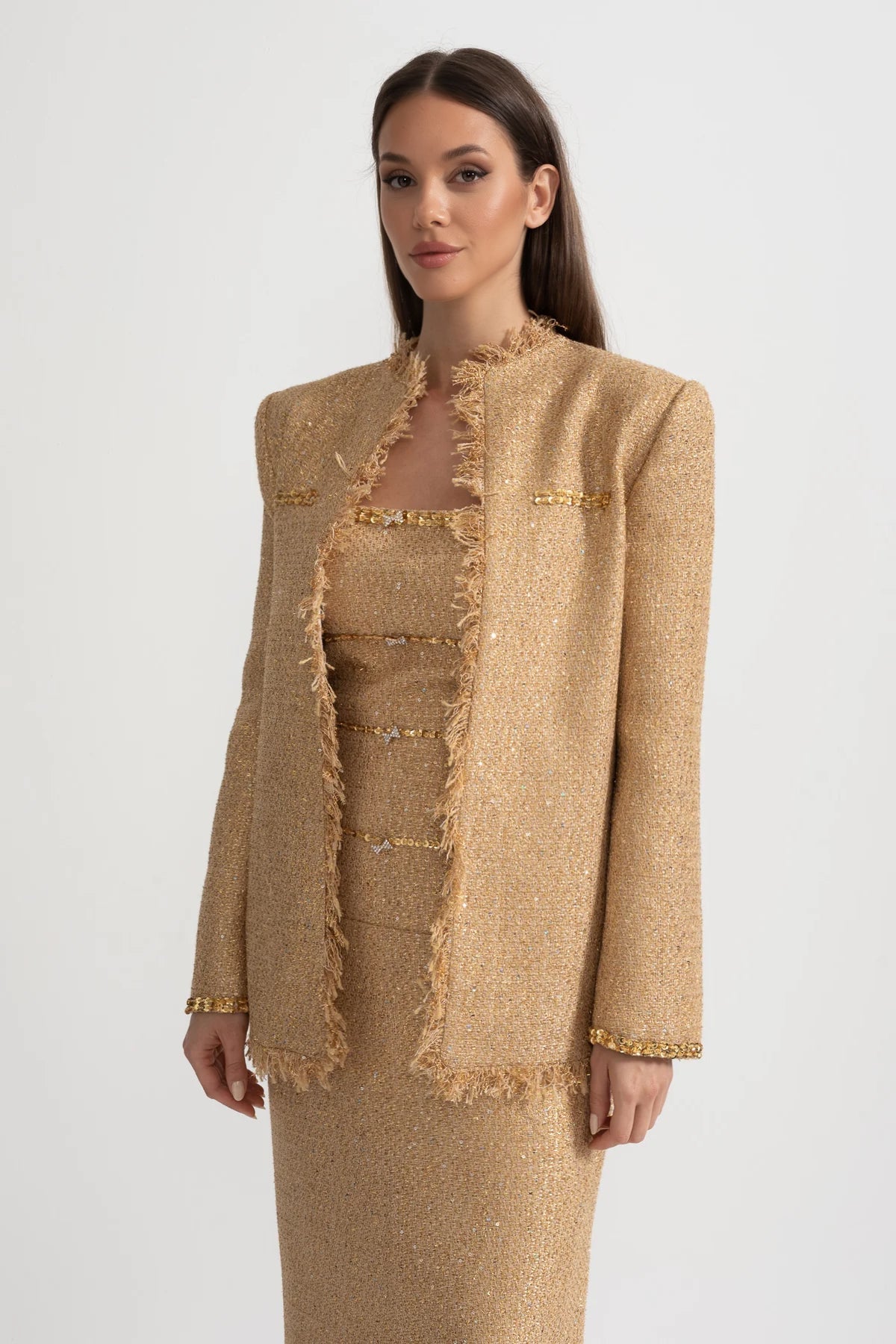 Elvire Gold Textured Tweed Overcoat With Intricate Sequin Embellishments And Fringe Trim Accents