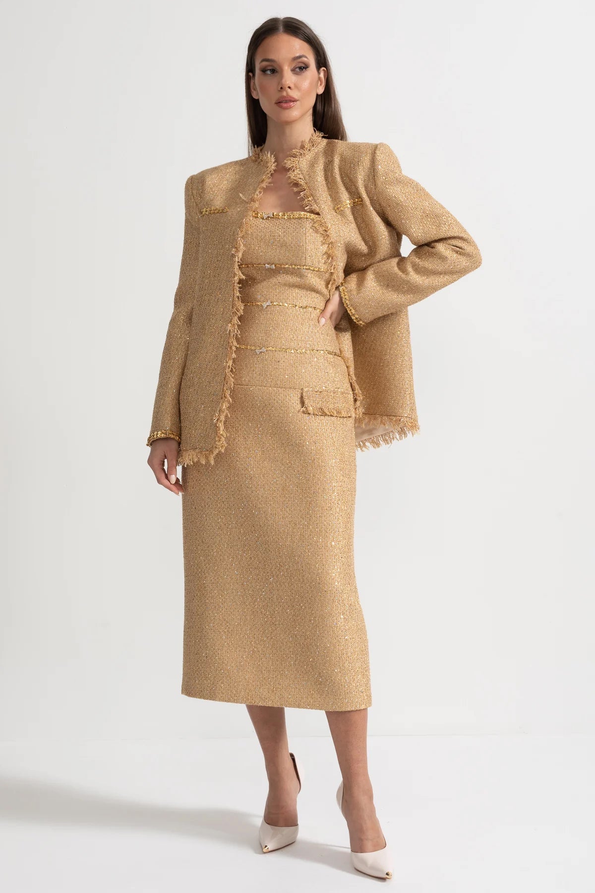 Elvire Gold Textured Tweed Overcoat With Intricate Sequin Embellishments And Fringe Trim Accents