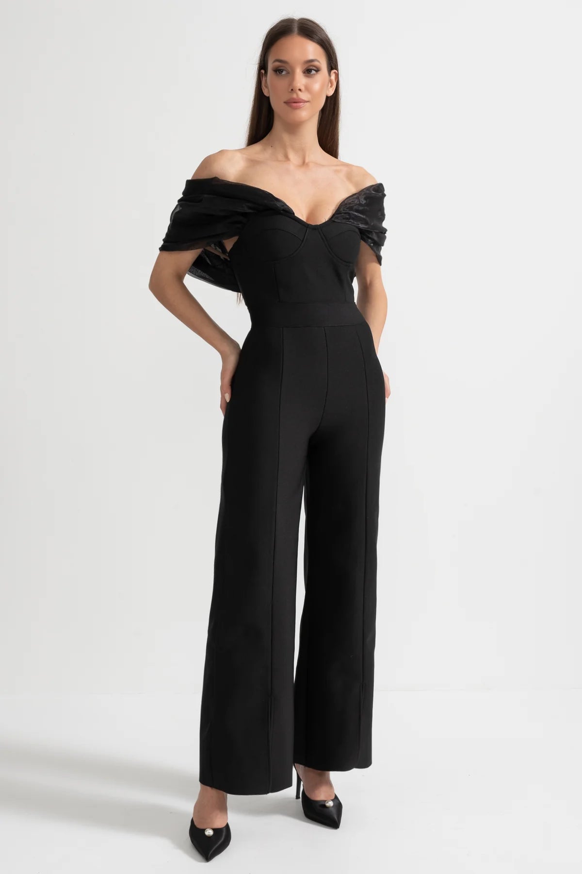 Off-Shoulder Jumpsuit with Draped Sheer Detailing - Black