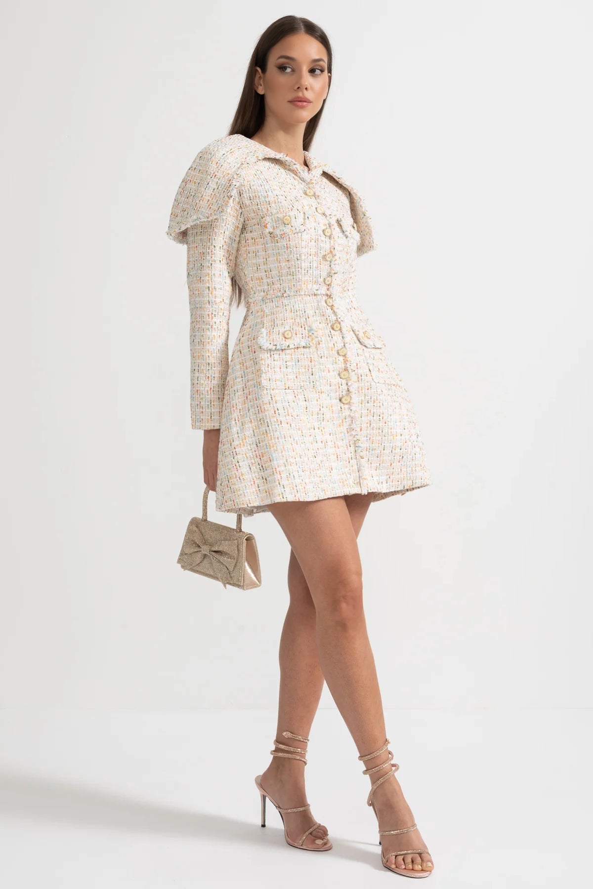 Long Sleeved Textured Tweed Dress With Distinctive Large Shoulder Flaps - Ivoire